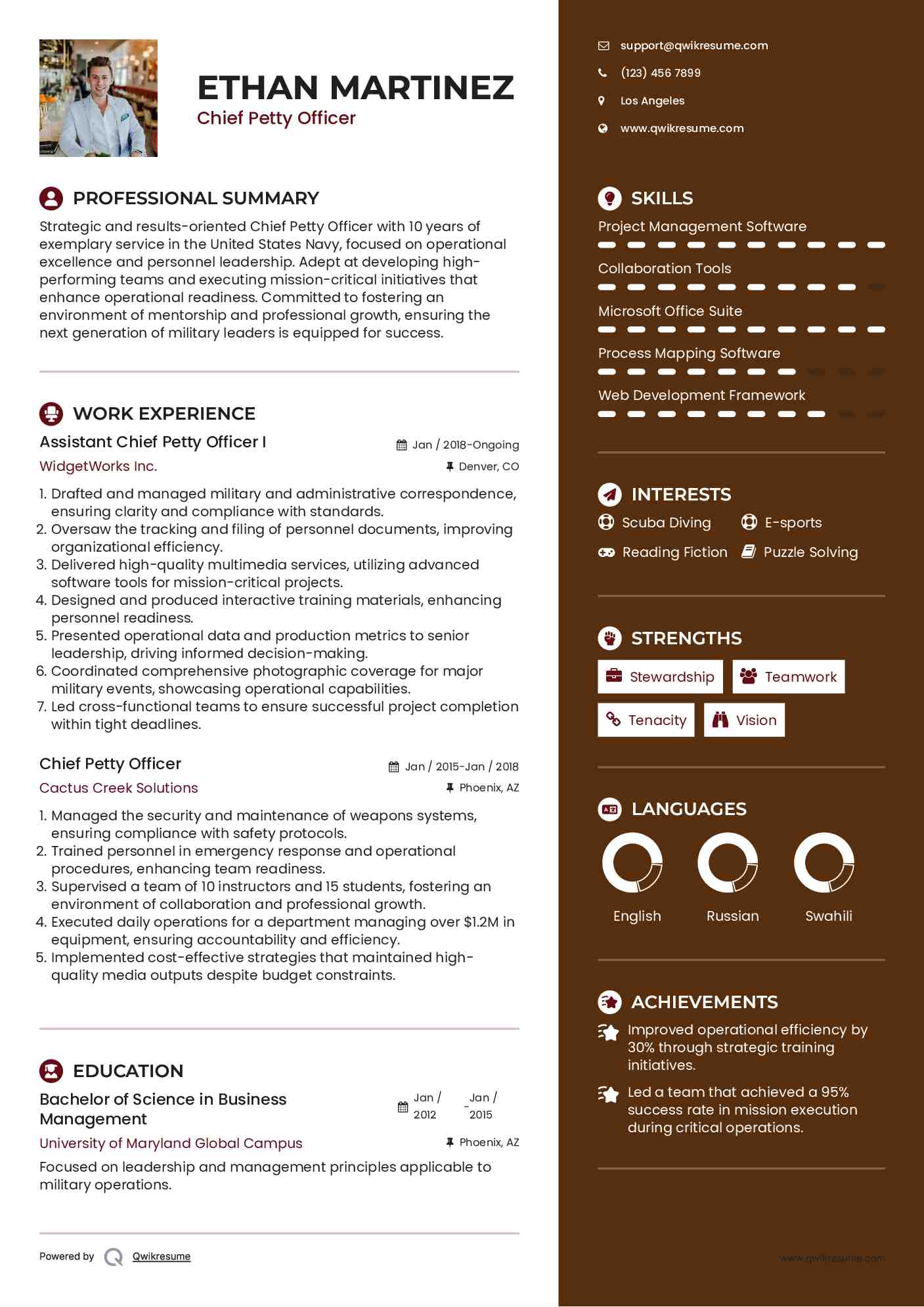 Assistant Chief Petty Officer I Resume Example