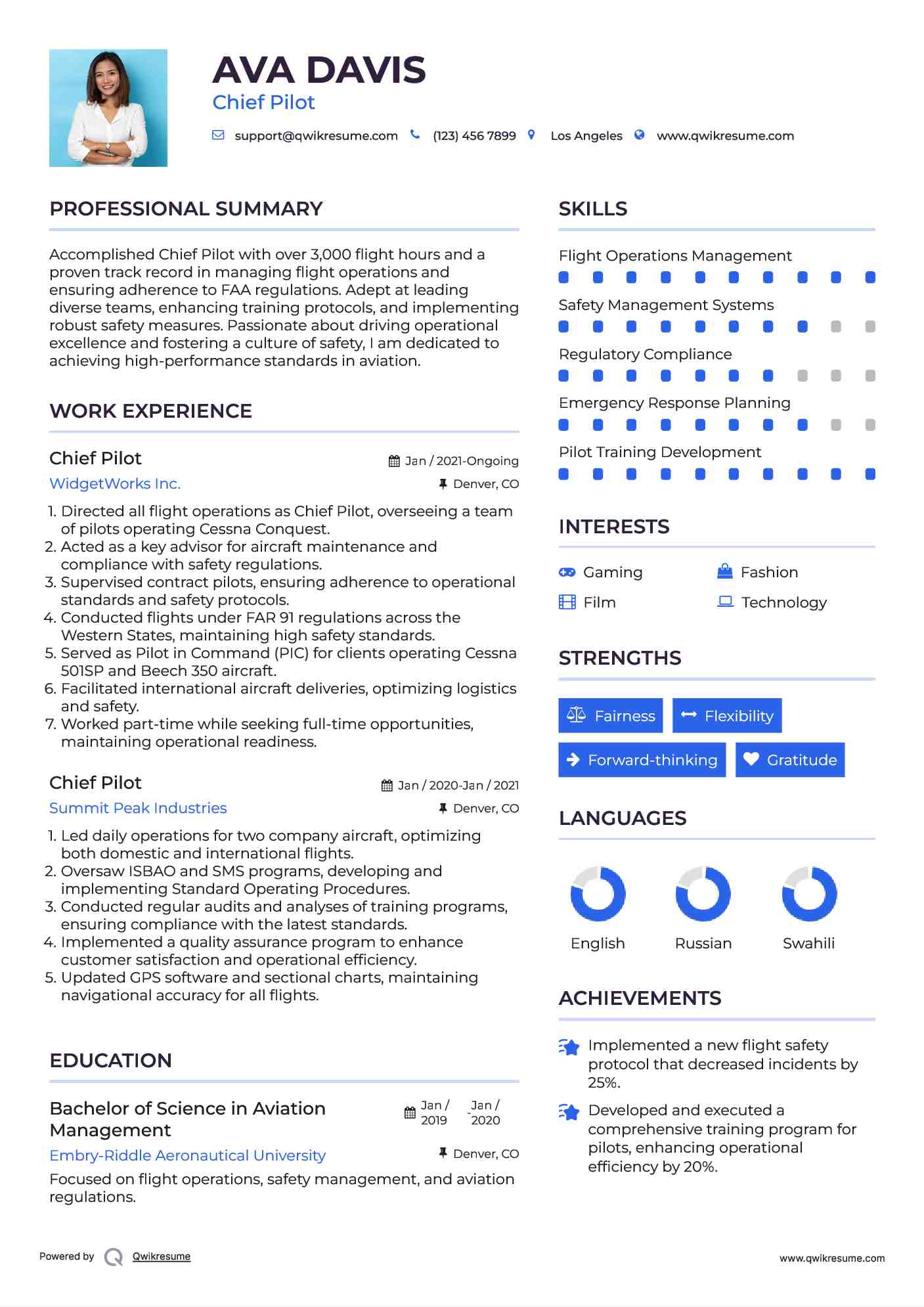 Chief Pilot Resume Samples | QwikResume