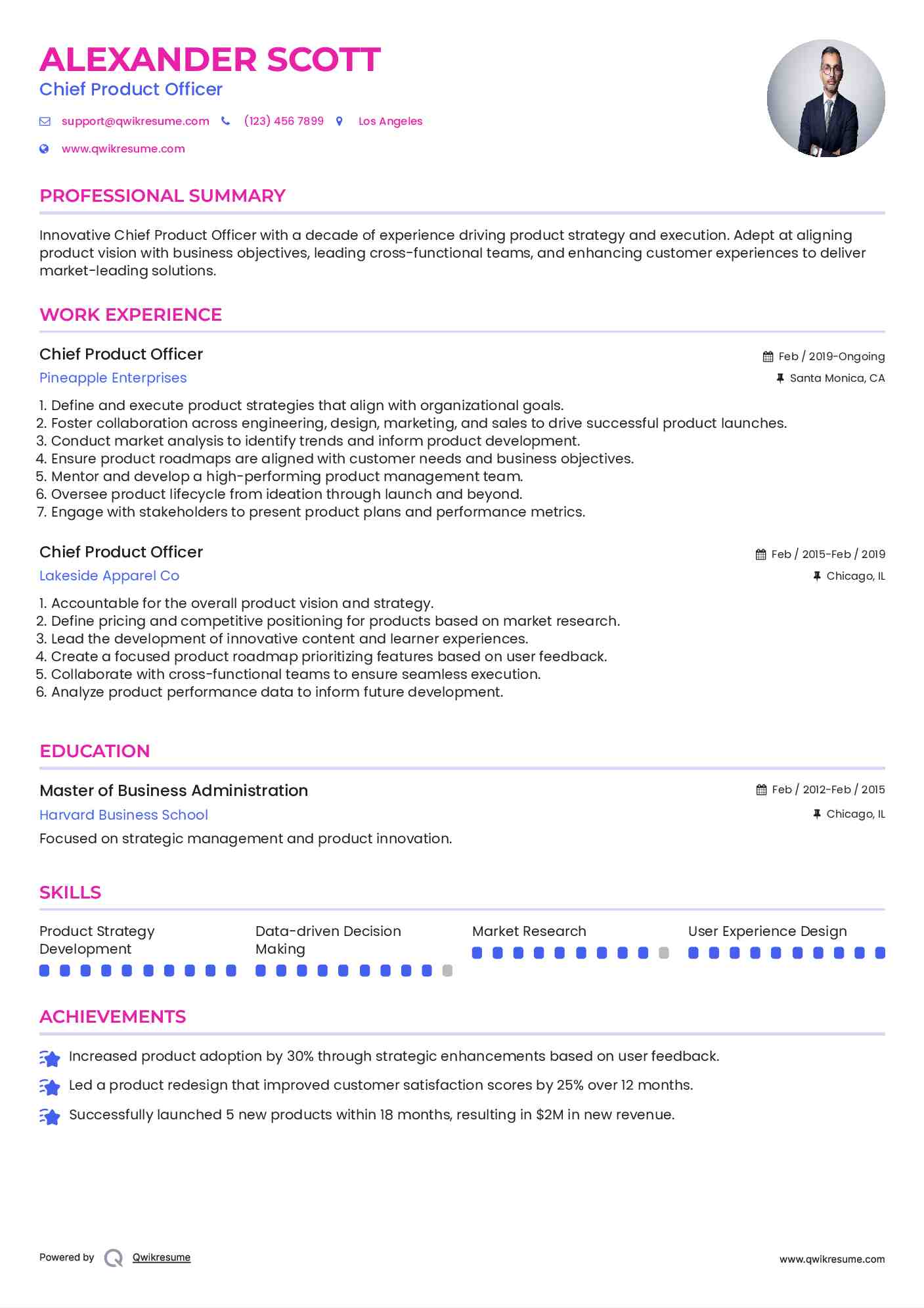 Chief Product Officer Resume Format