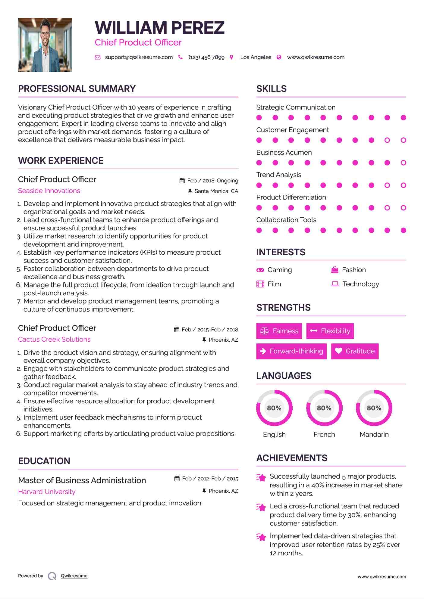 Chief Product Officer Resume Sample