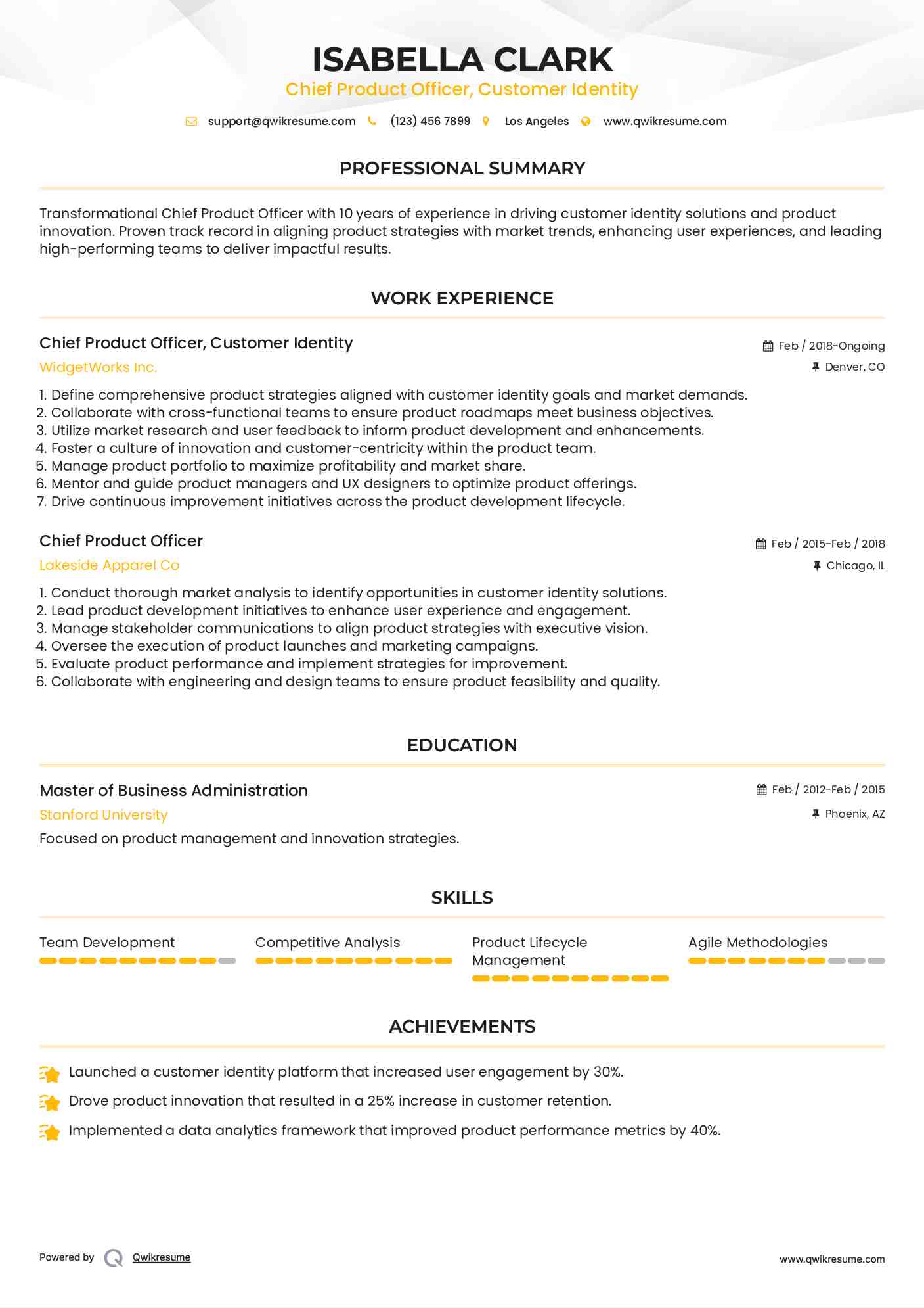 Chief Product Officer, Customer Identity Resume Template