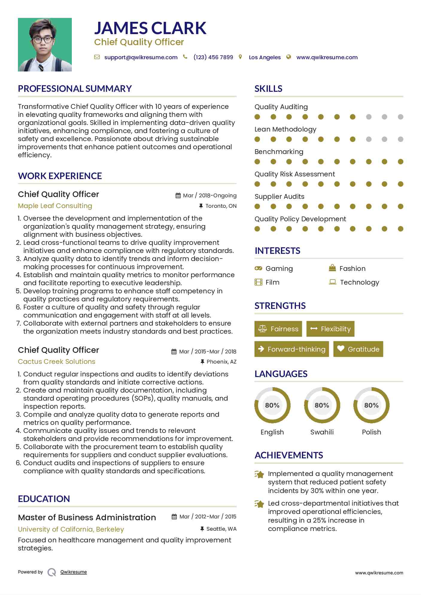 Chief Quality Officer Resume Format