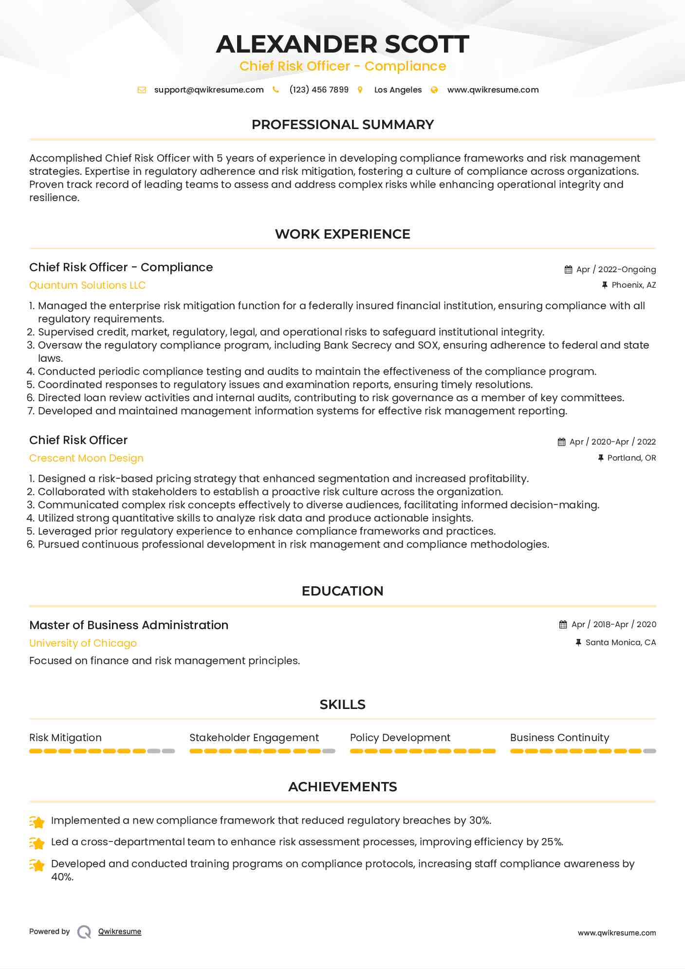 Chief Risk Officer - Compliance Resume Example