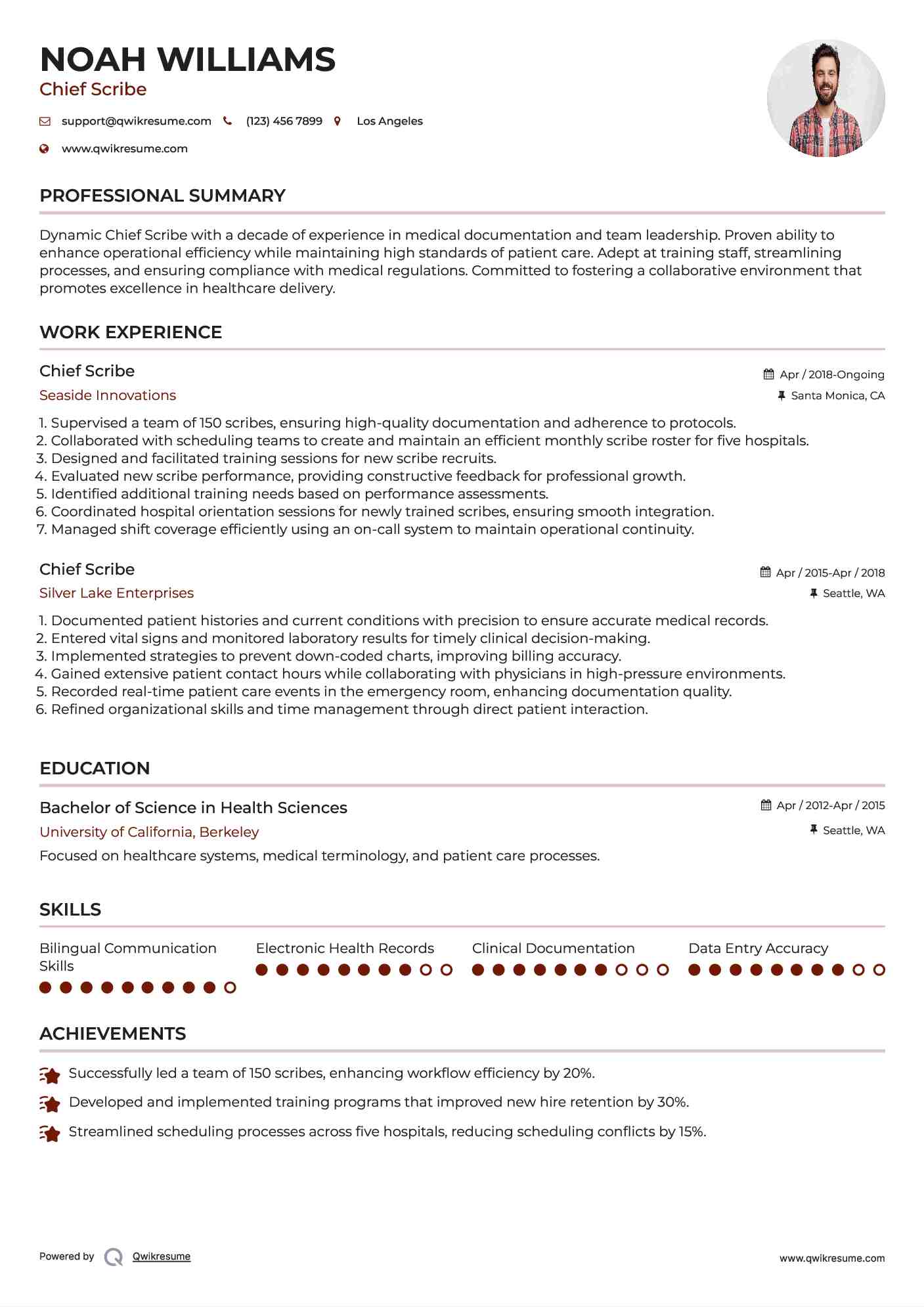 Chief Scribe Resume Sample