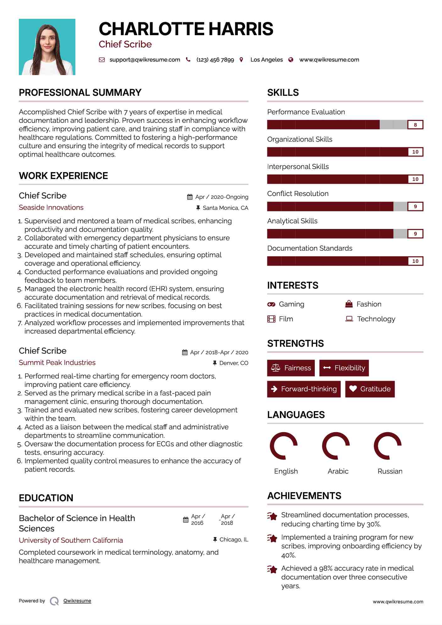 Chief Scribe Resume Sample