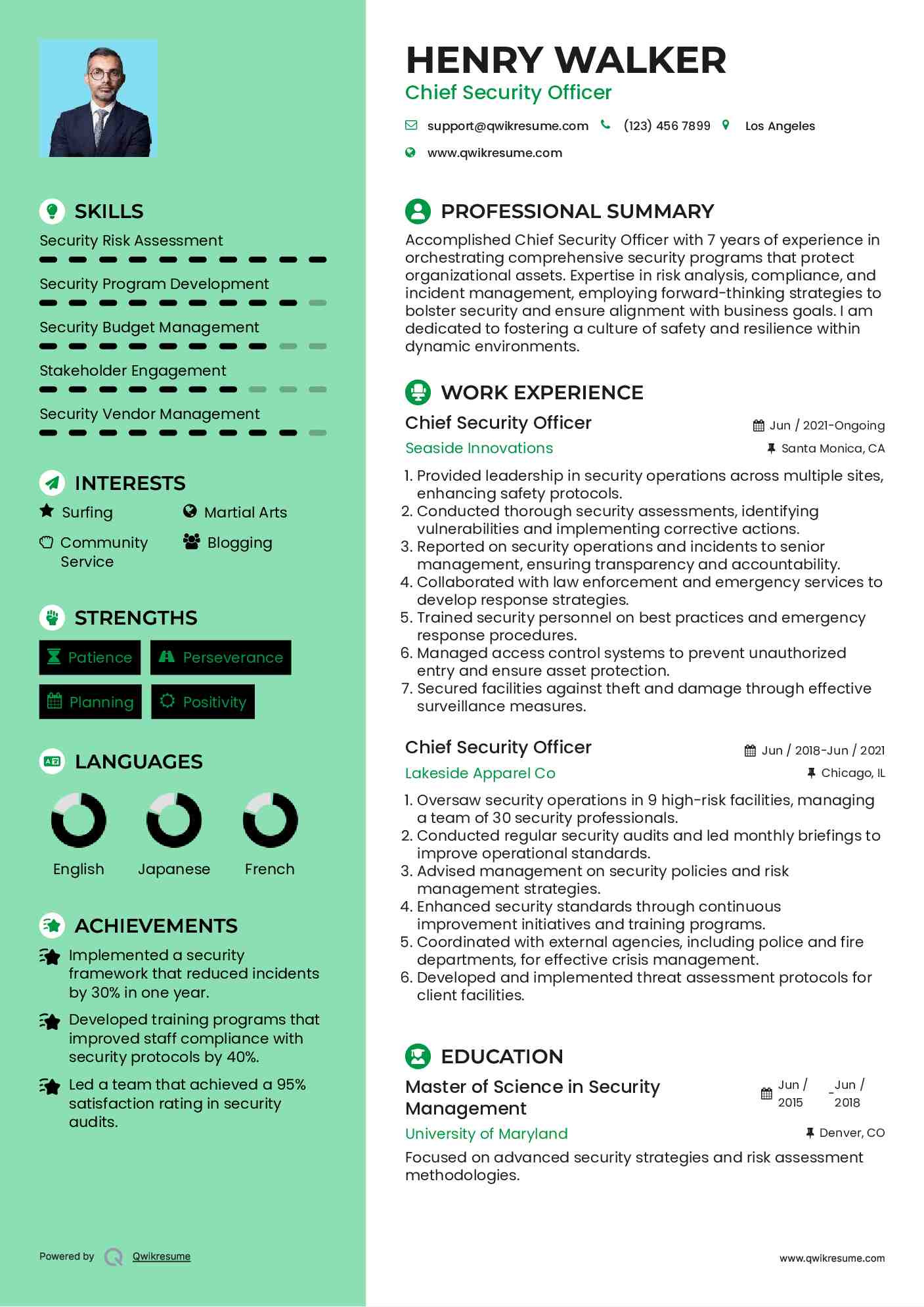 Chief Security Officer Resume Format