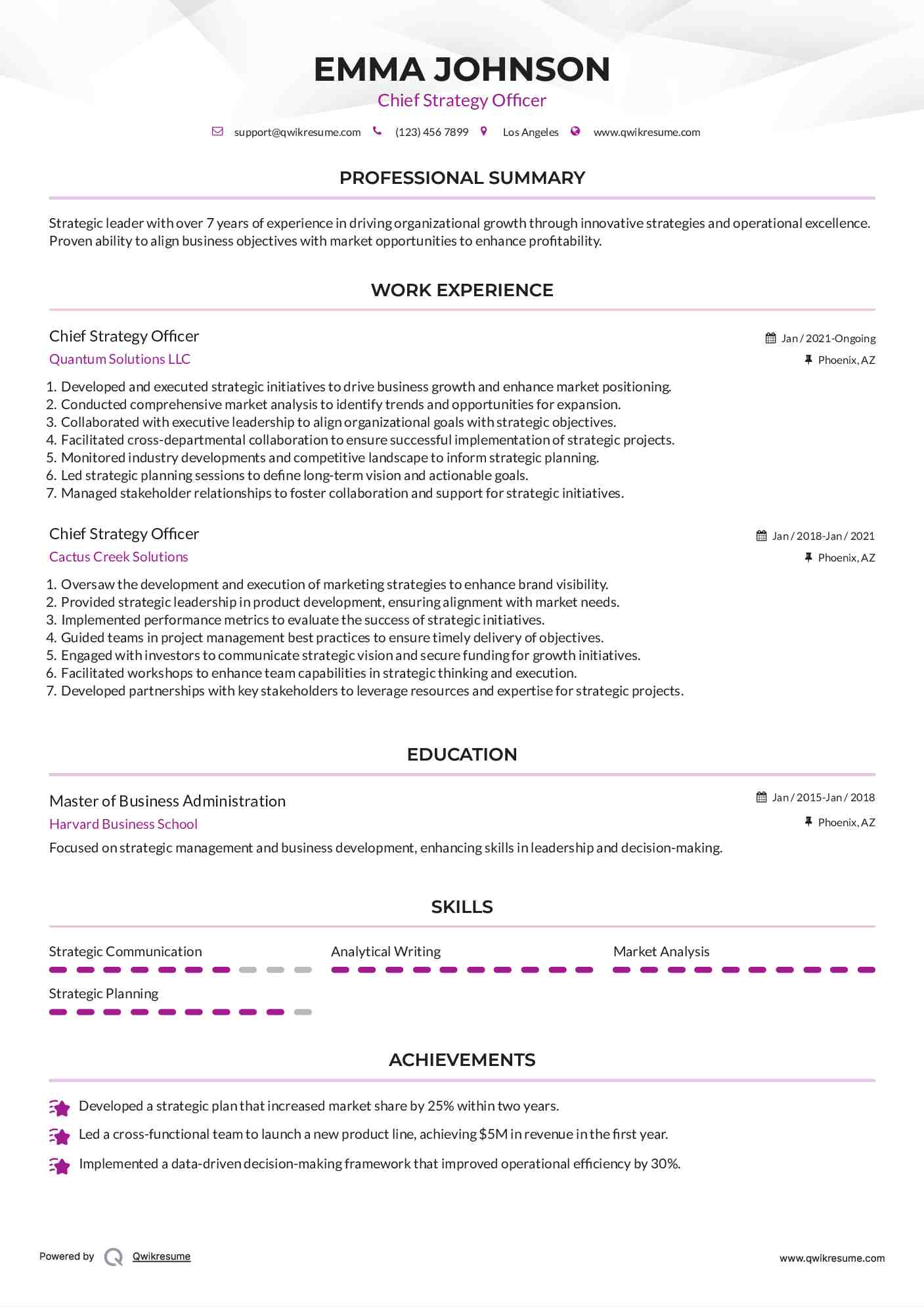 Chief Strategy Officer Resume Example