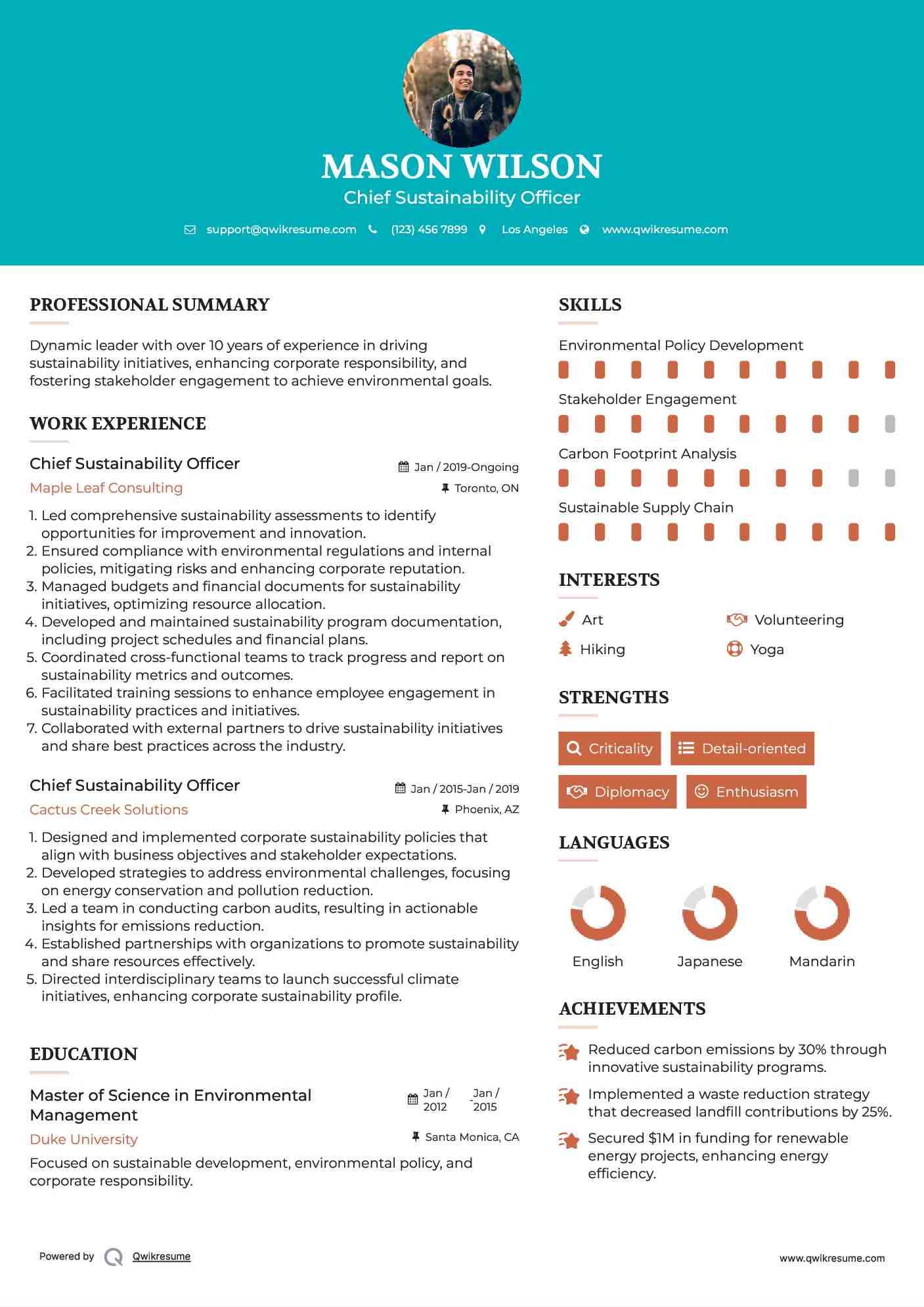 Chief Sustainability Officer Resume Format