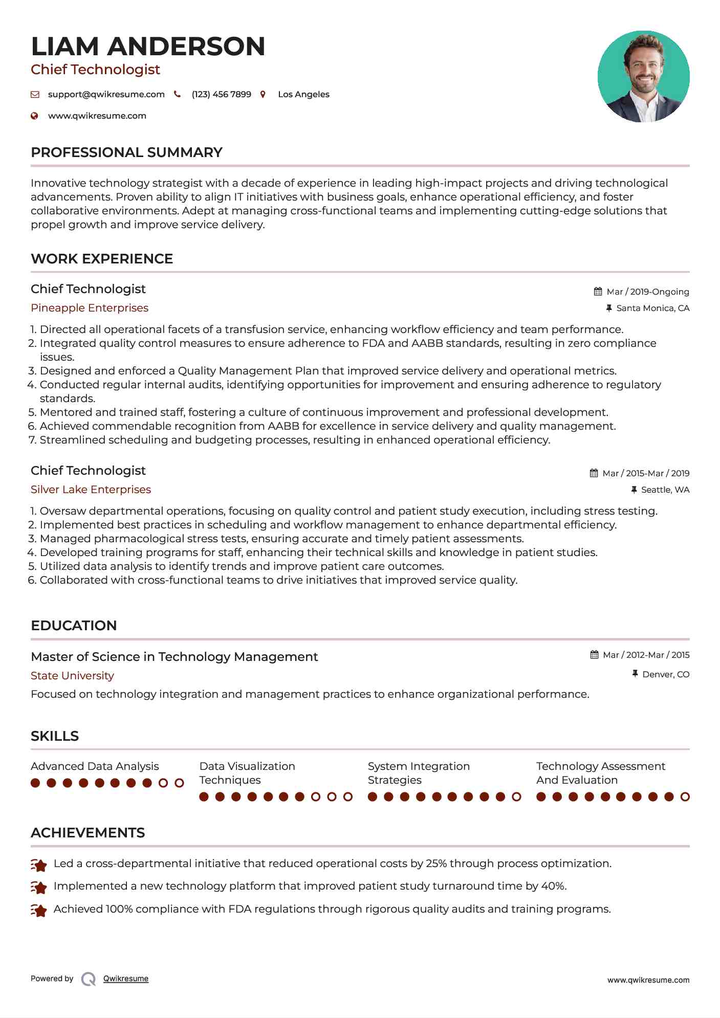 Chief Technologist Resume Sample