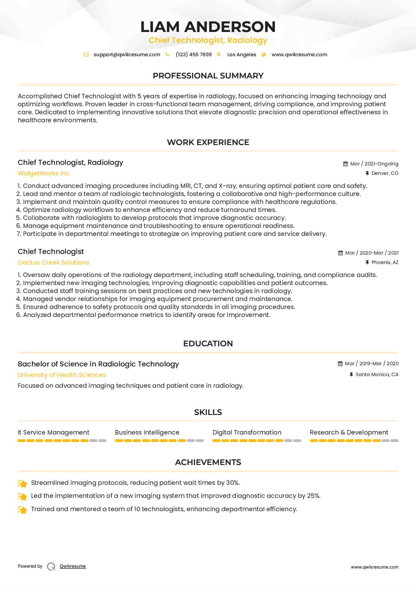 Chief Technologist, Radiology
 Resume Example