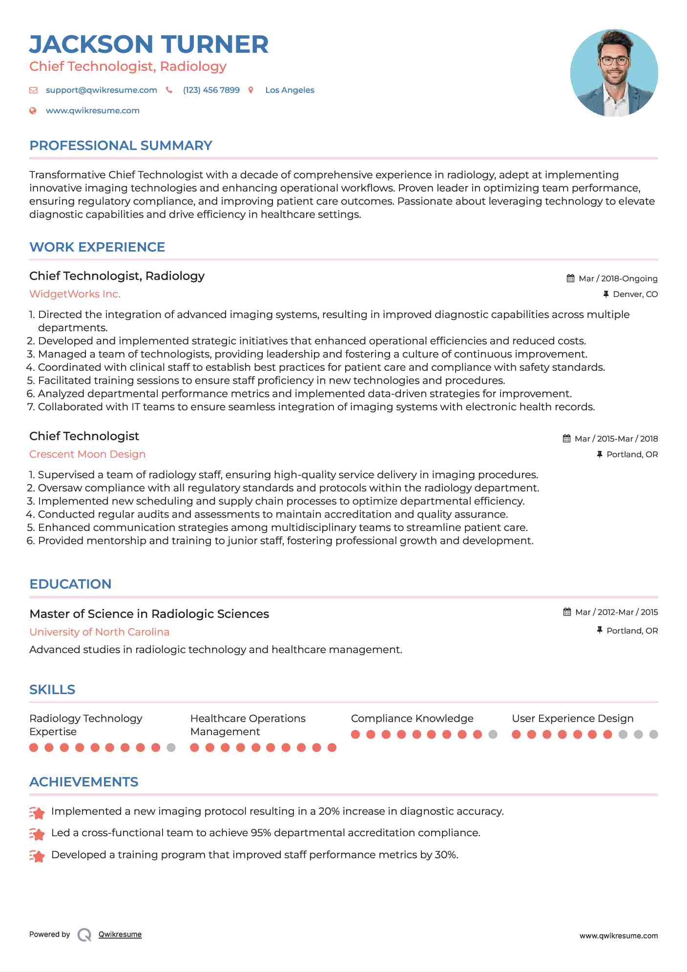 Chief Technologist, Radiology
 Resume Model