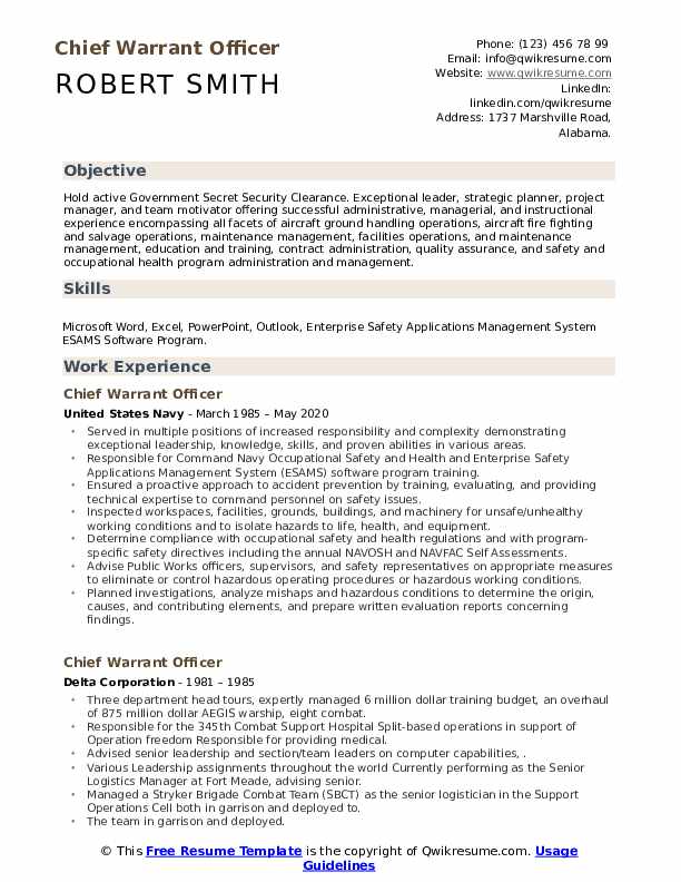 Chief Warrant Officer Resume Samples QwikResume