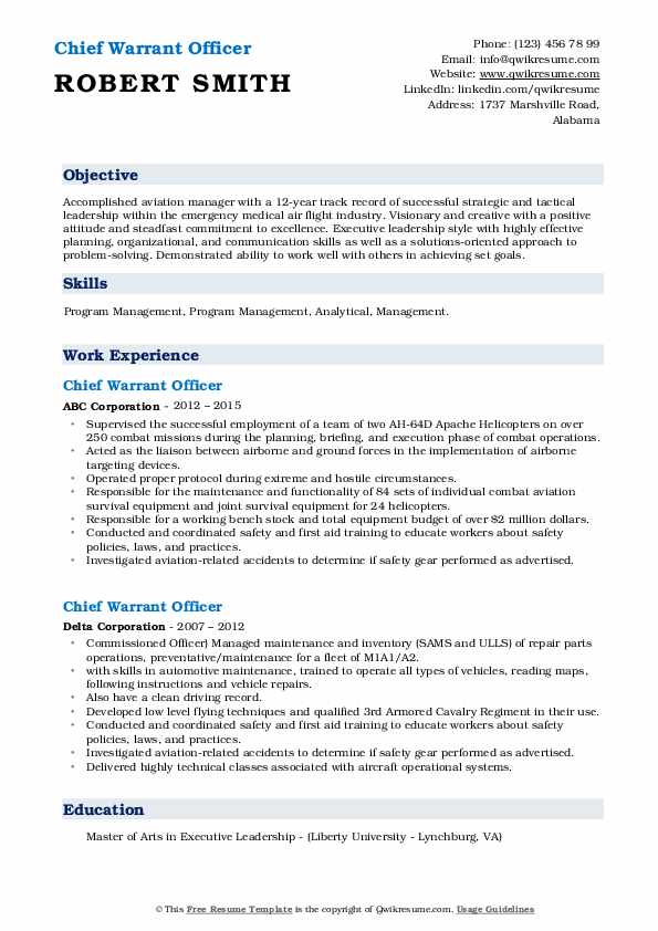 Chief Warrant Officer Resume Samples QwikResume