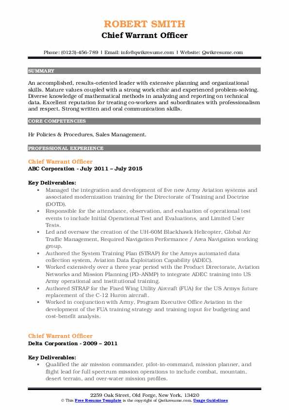 Chief warrant officer resume samples Chief Warrant Officer Resume Samples | QwikResume