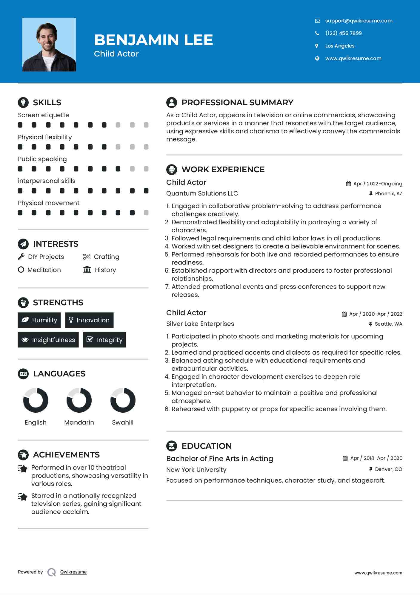 Child Actor Resume Sample