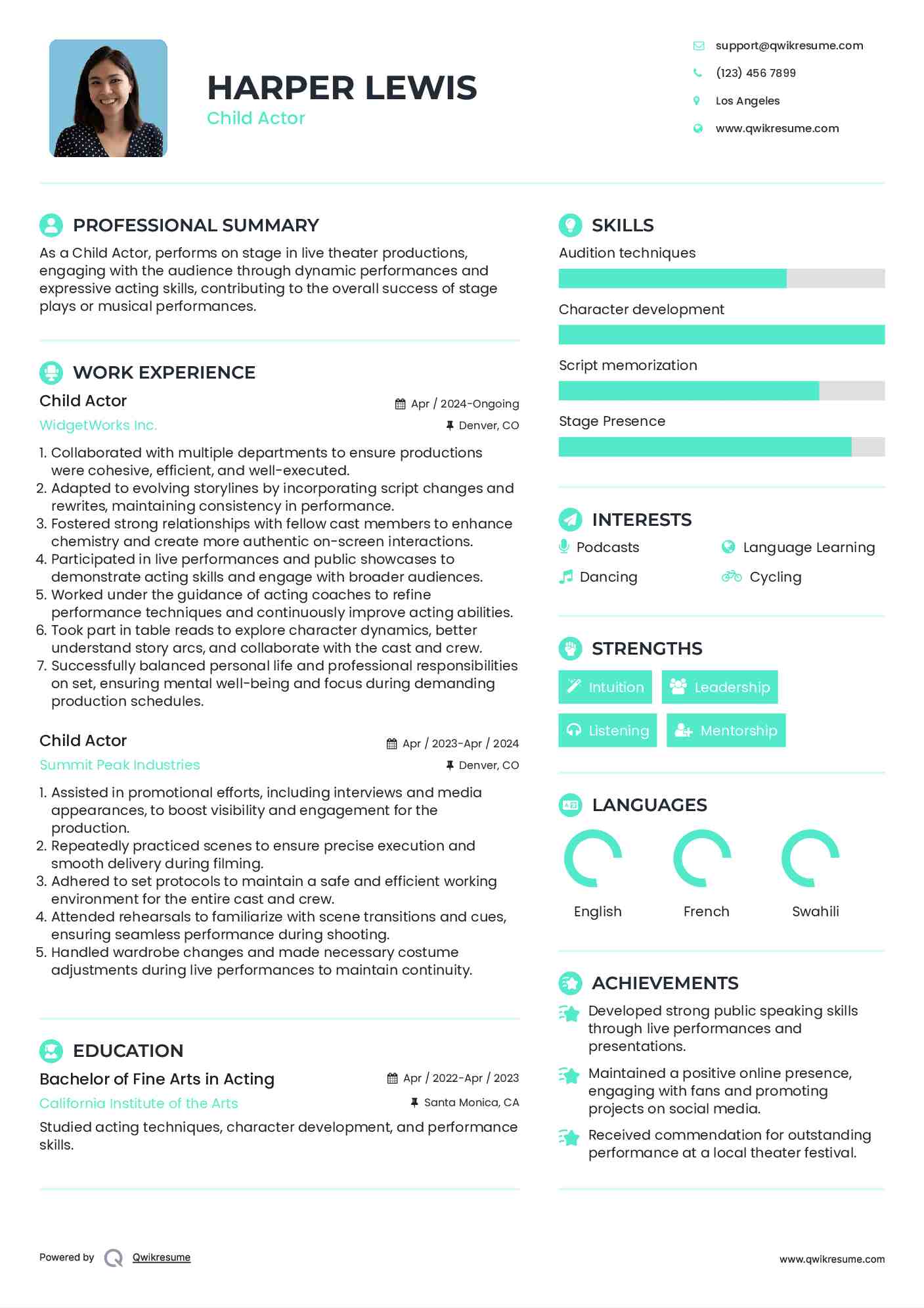 Child Actor Resume Sample