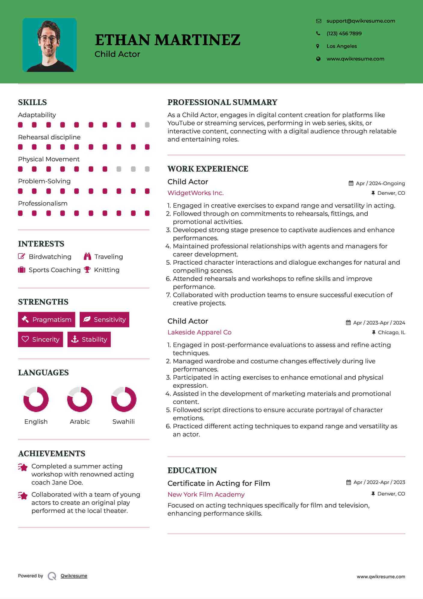 Child Actor Resume Sample