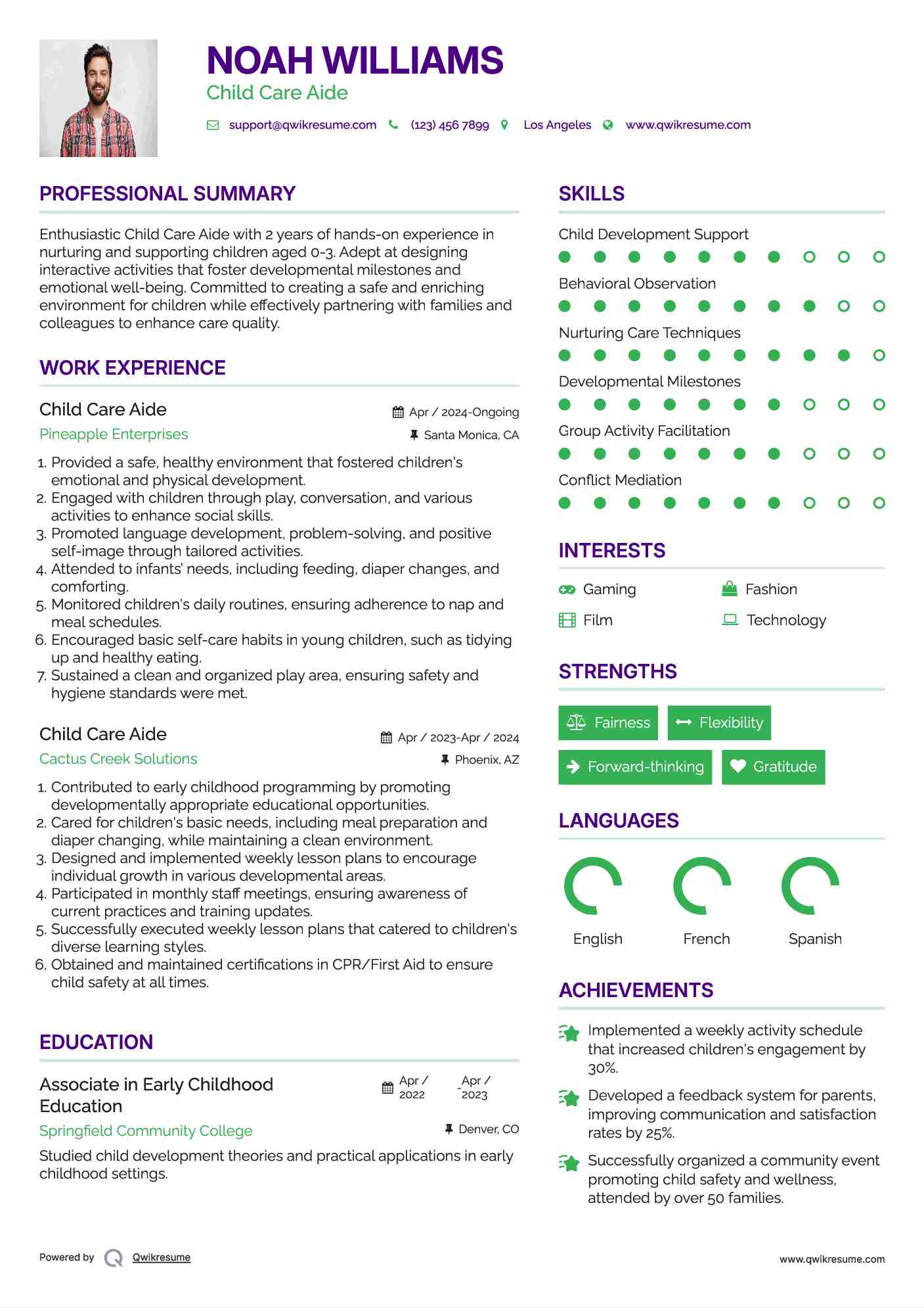 Child Care Aide Resume Example