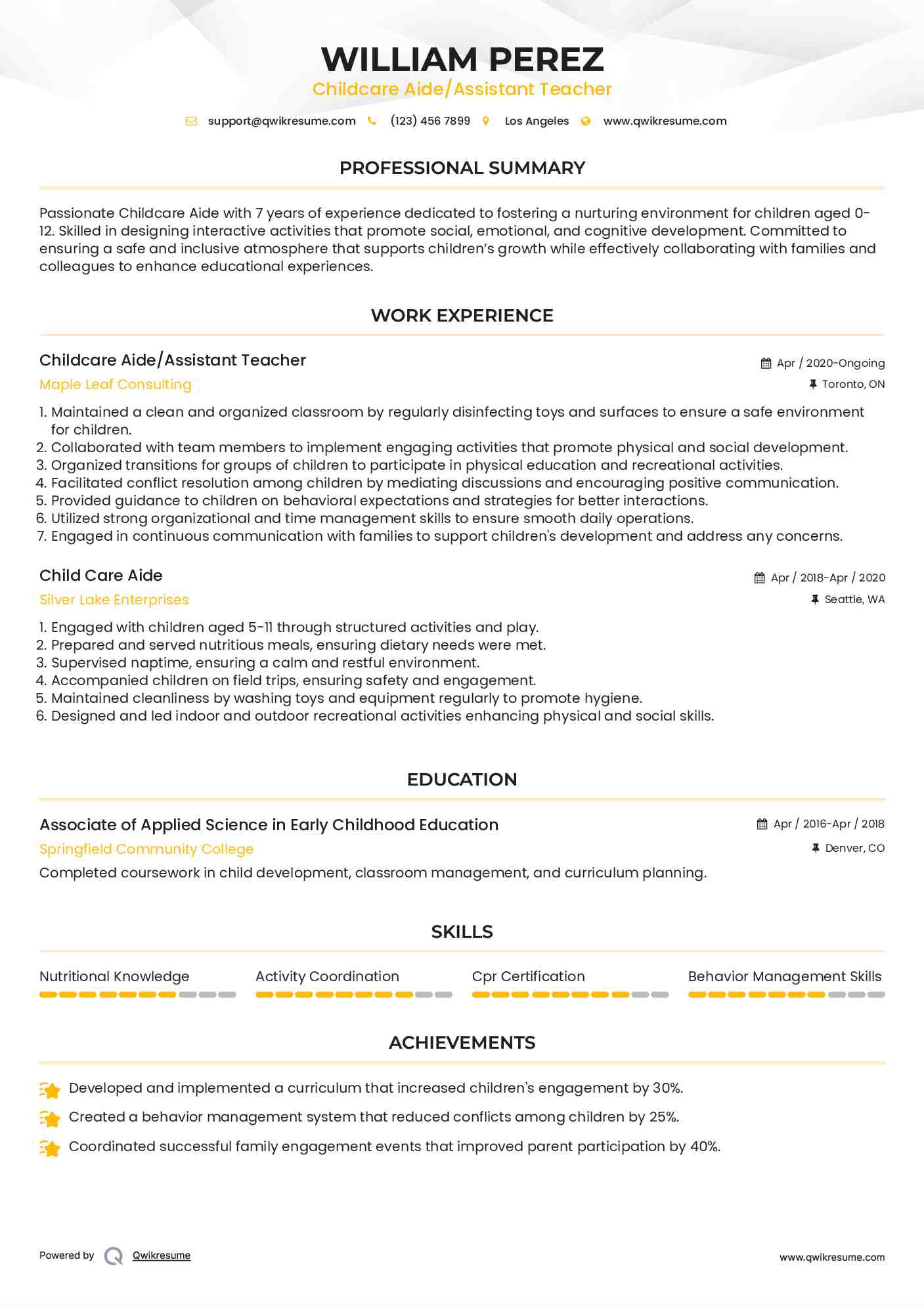 Childcare Aide/Assistant Teacher
 Resume Model