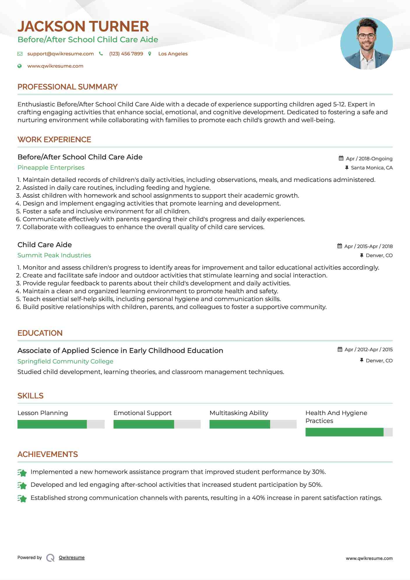 Before/After School Child Care Aide
 Resume Model