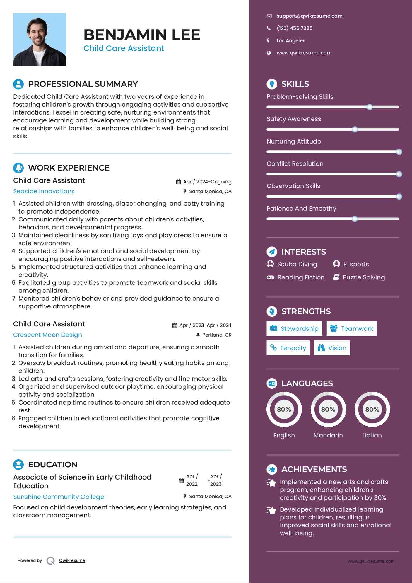 Child Care Assistant Resume Sample