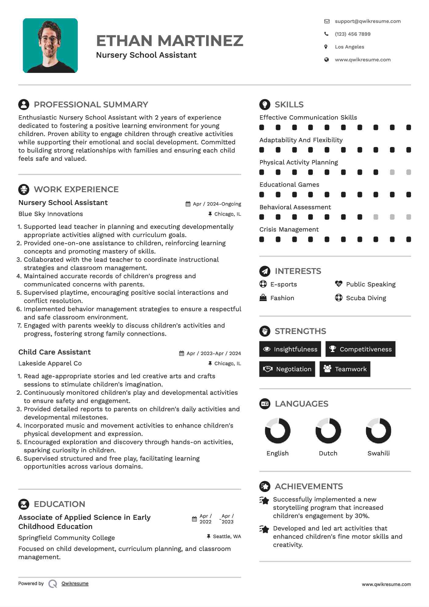 Nursery School Assistant Resume Model