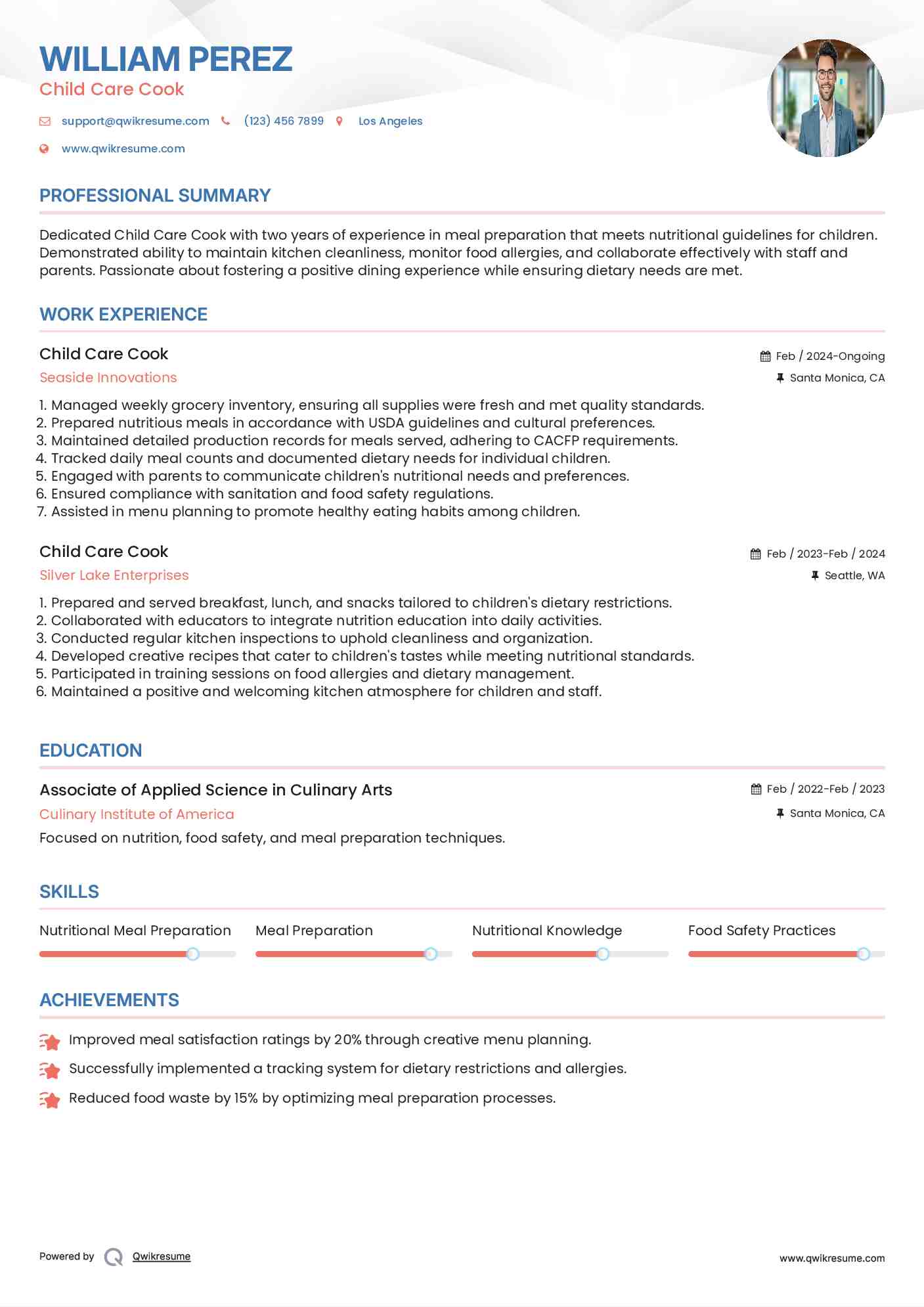 Child Care Cook Resume Example