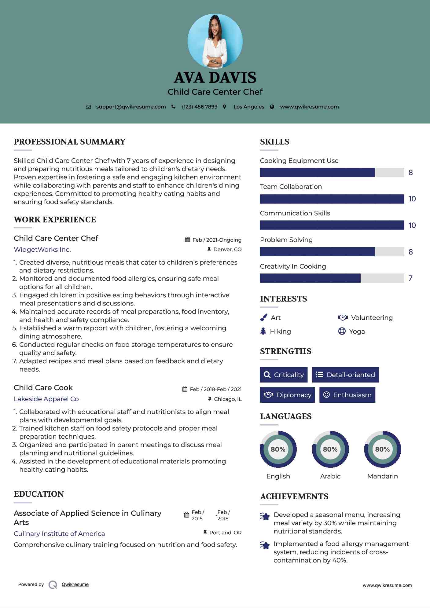 Child Care Center Chef Resume Example