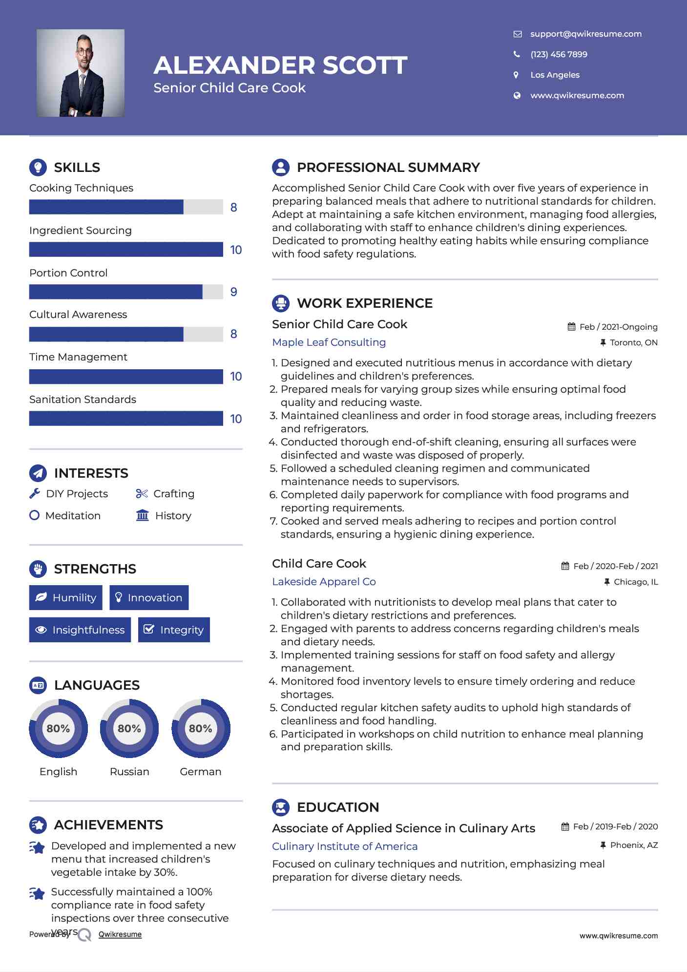 Senior Child Care Cook Resume Sample