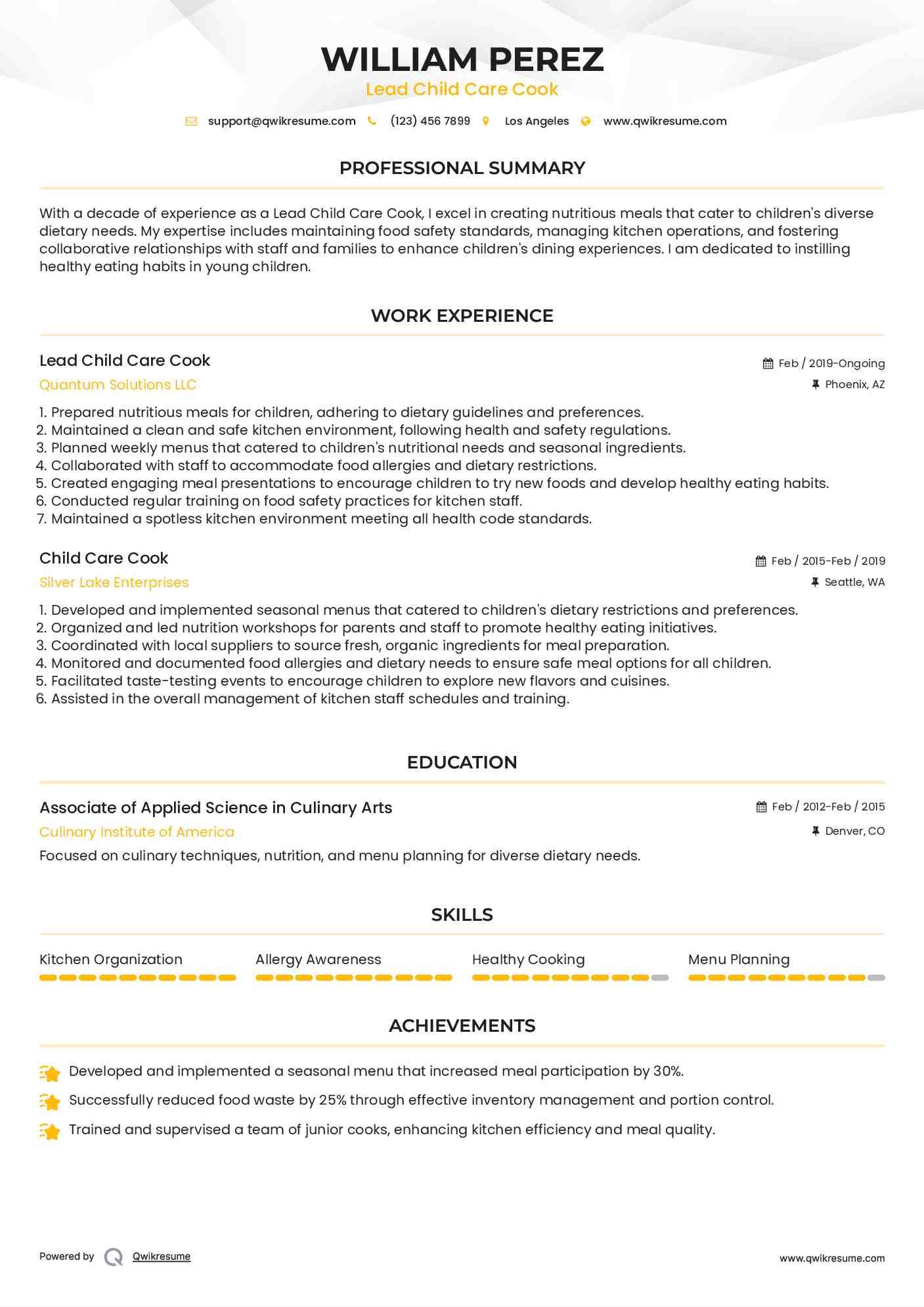 Lead Child Care Cook Resume Template