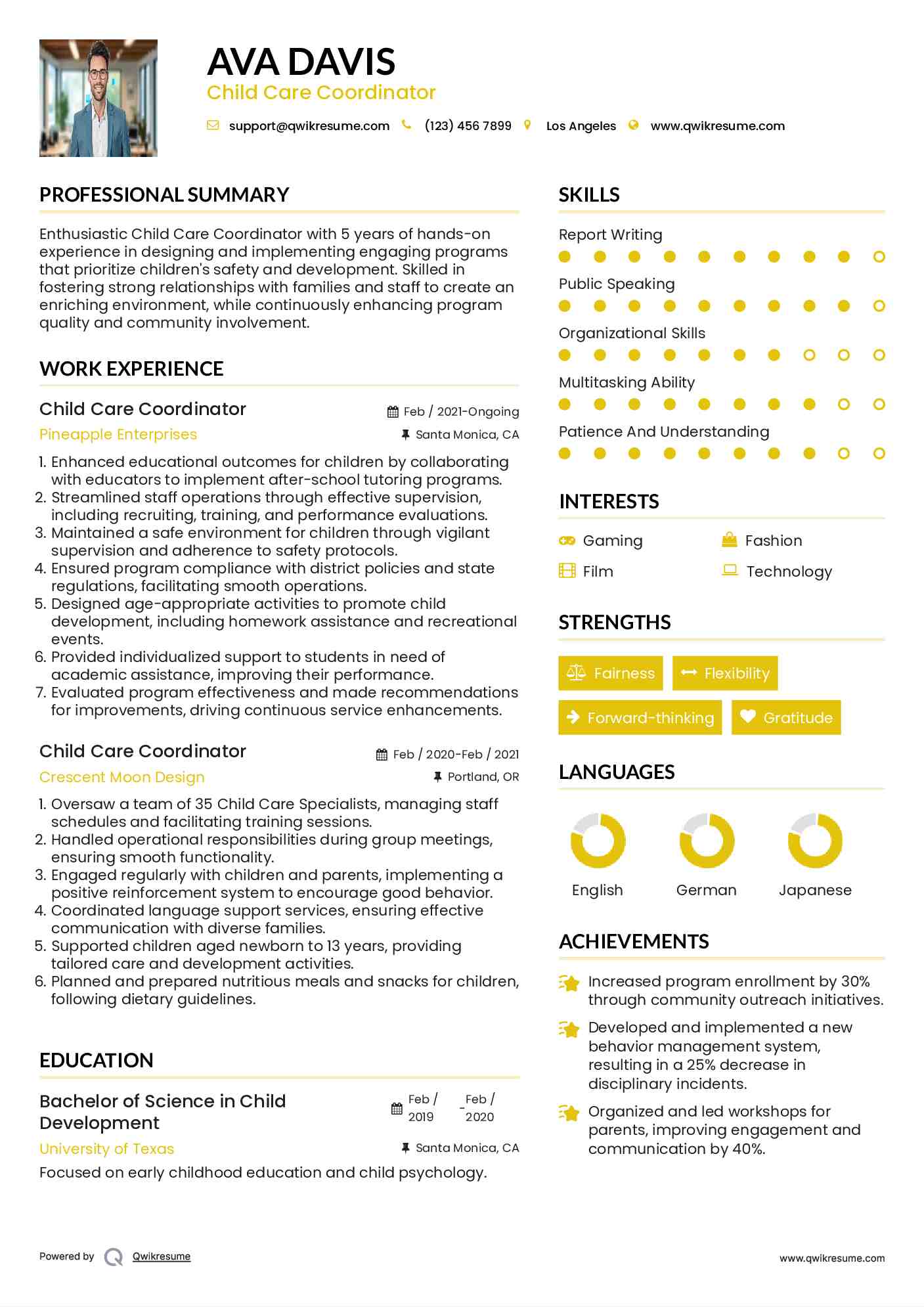 Child Care Coordinator Resume Example