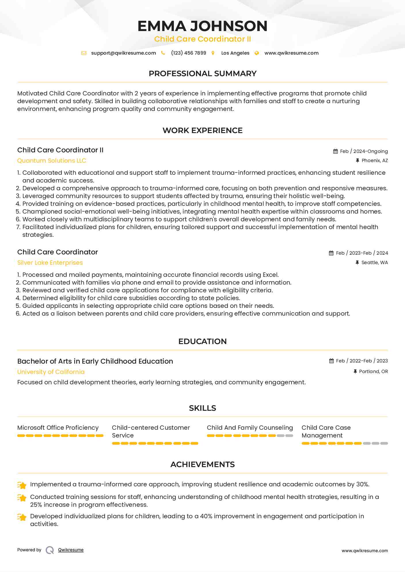 Child Care Coordinator II Resume Format