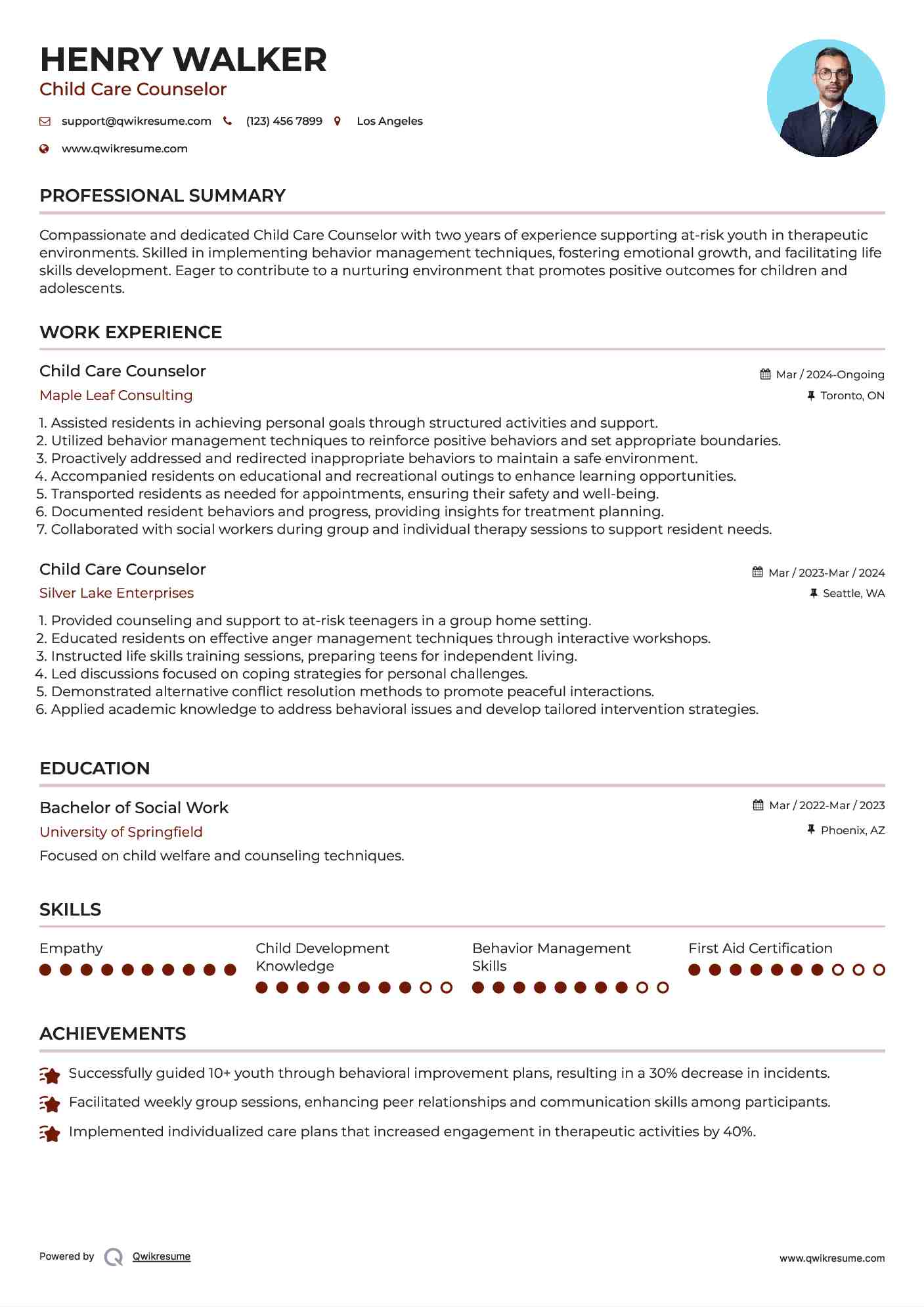 Child Care Counselor Resume Template