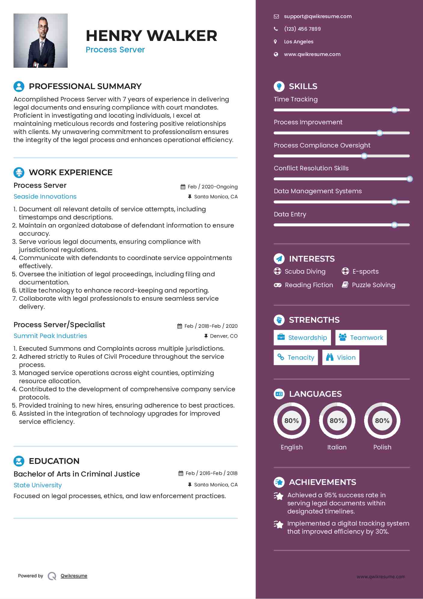 Process Server Resume Example