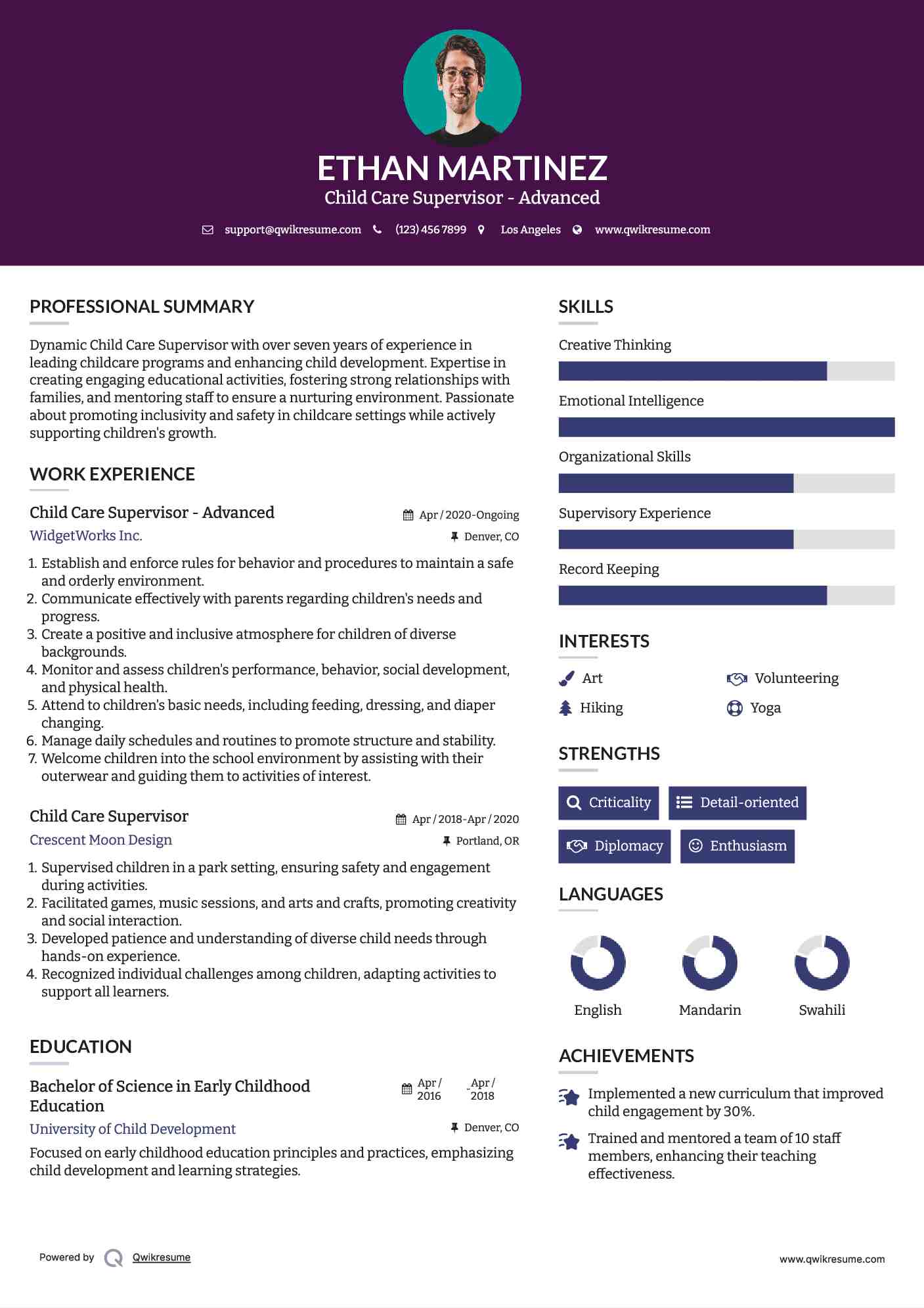 Child Care Supervisor - Advanced Resume Example
