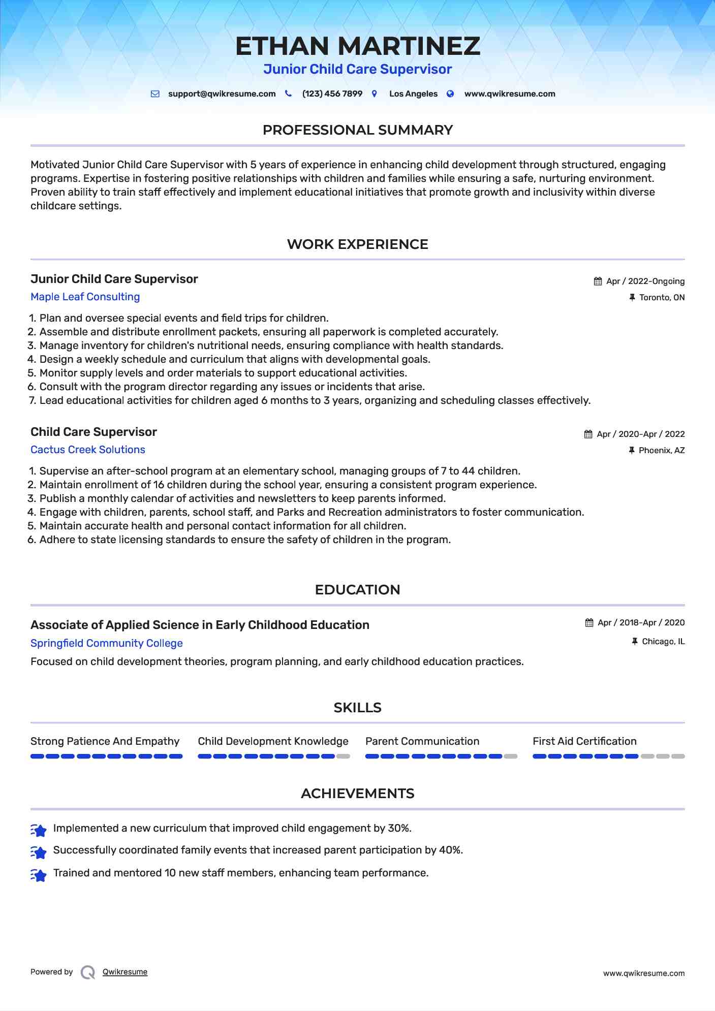 Junior Child Care Supervisor  Resume Example