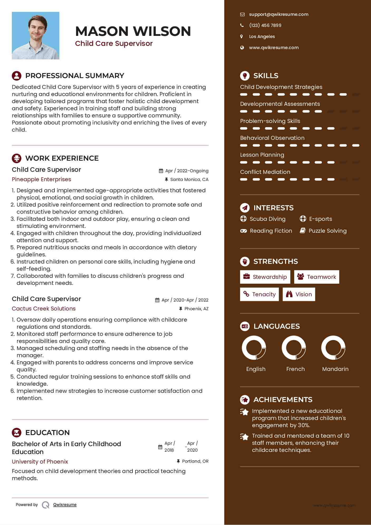 Child Care Supervisor Resume Sample