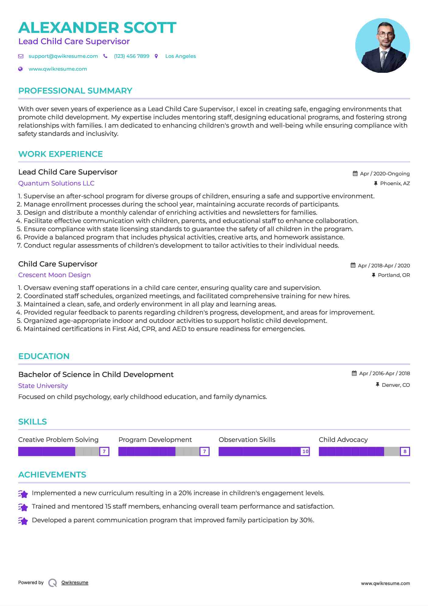 Lead Child Care Supervisor  Resume Template
