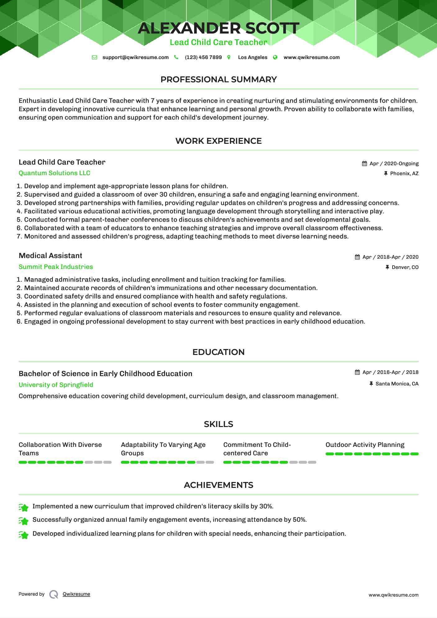 Lead Child Care Teacher Resume Template