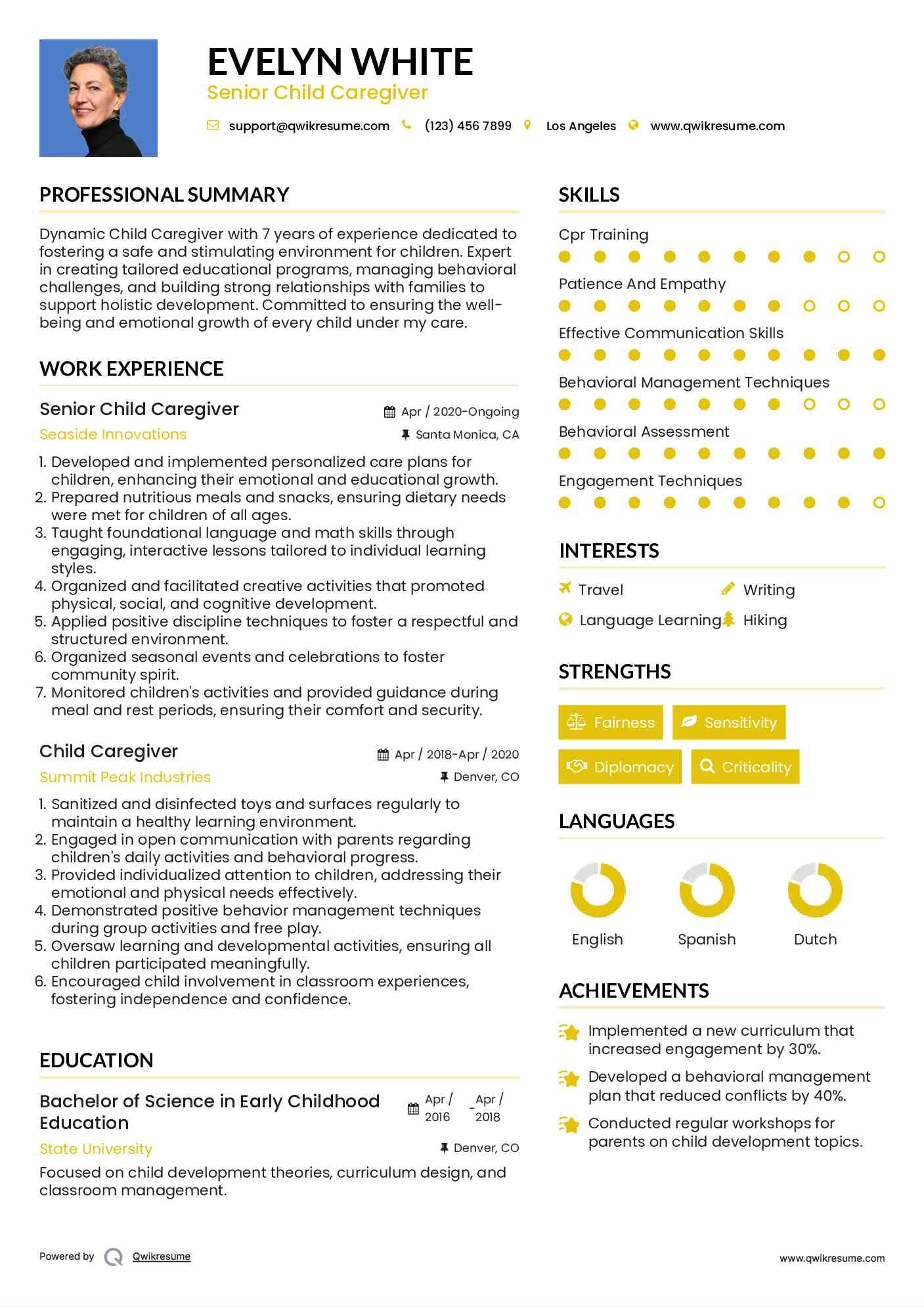 Child Caregiver Resume Samples QwikResume