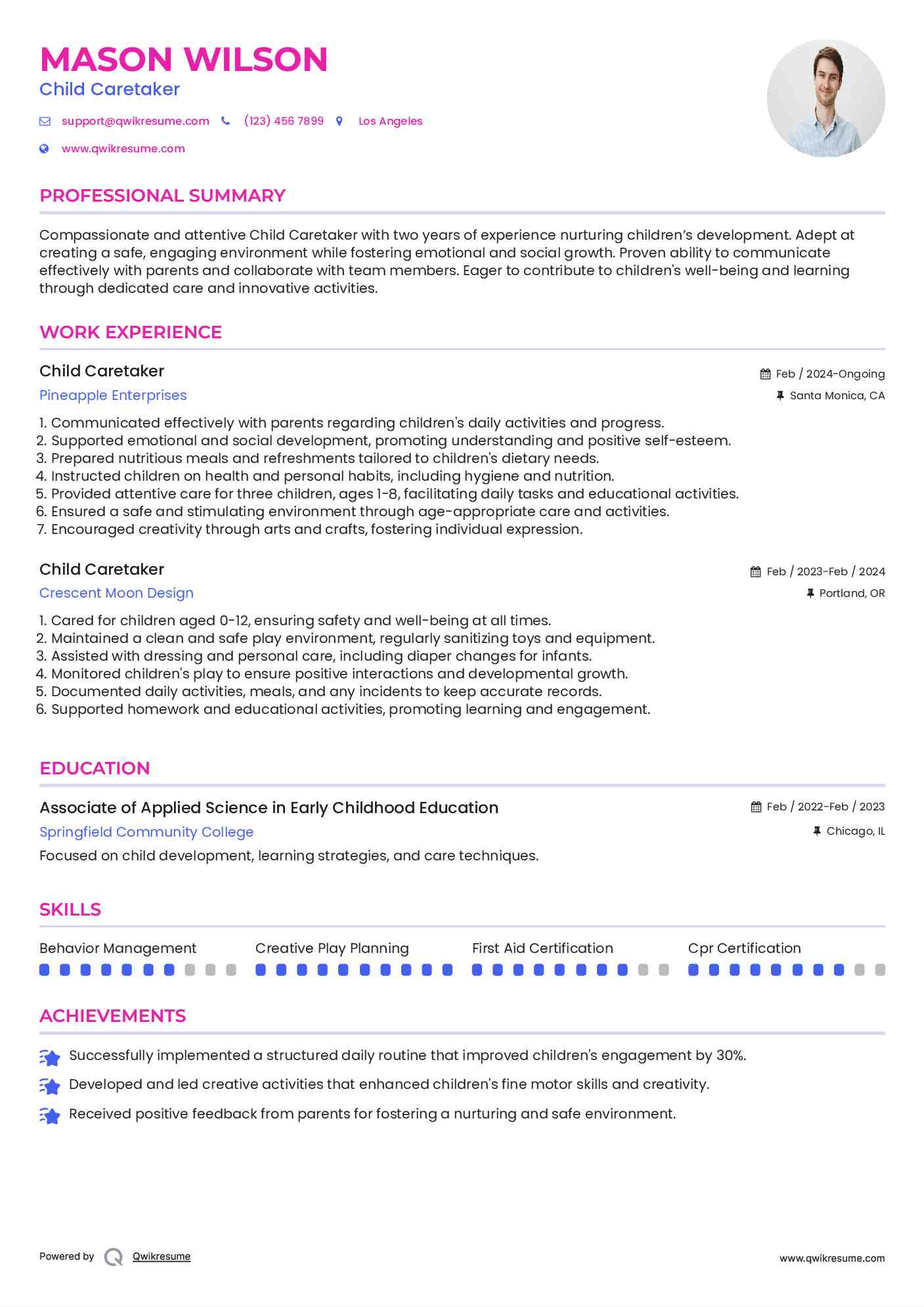 Child Caretaker Resume Model