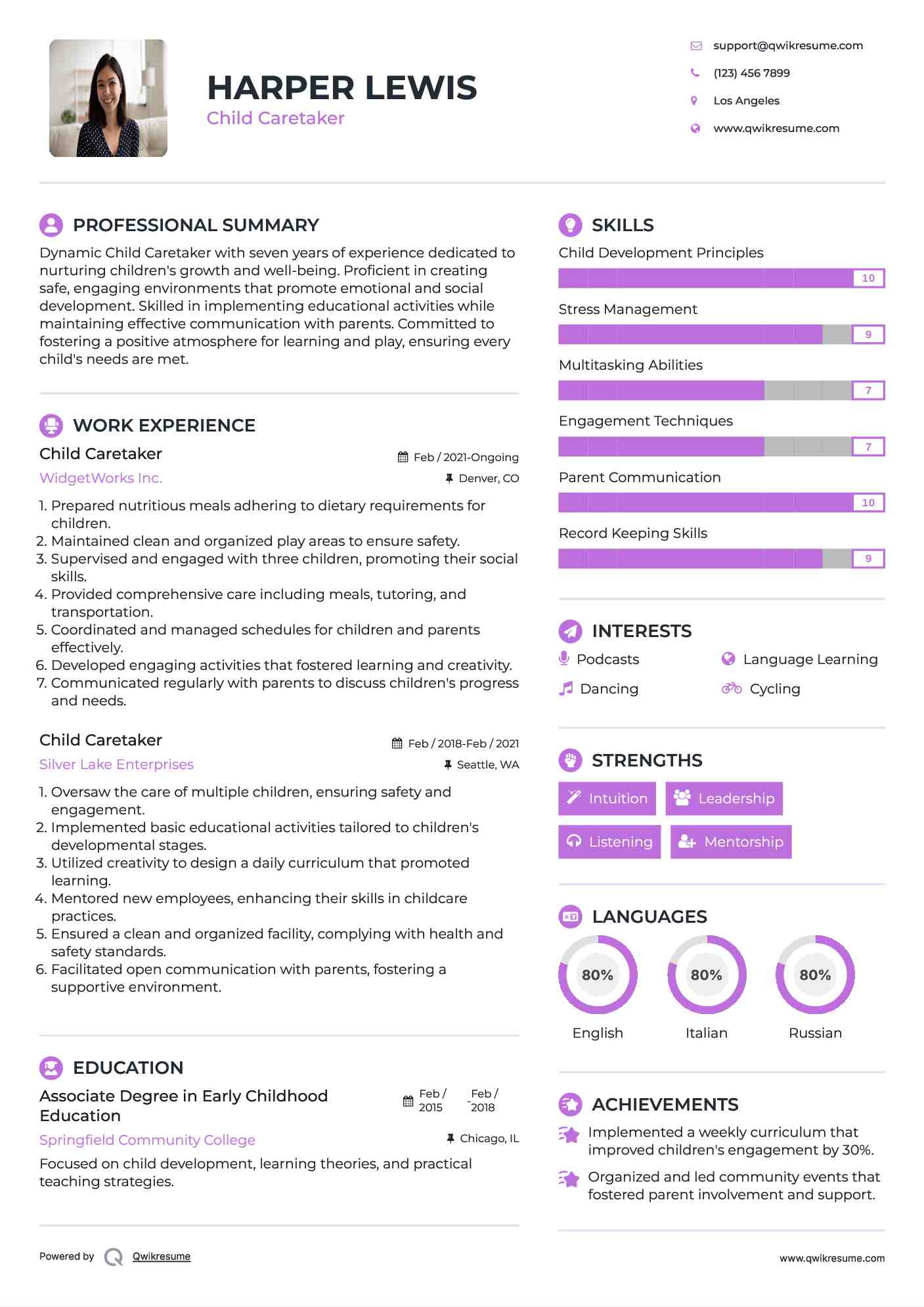 Child Caretaker Resume Example