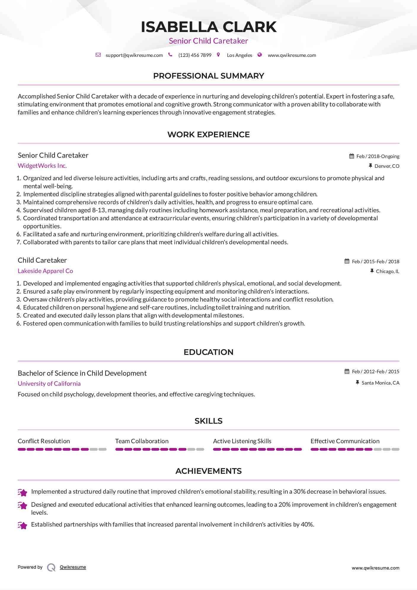 Senior Child Caretaker Resume Example