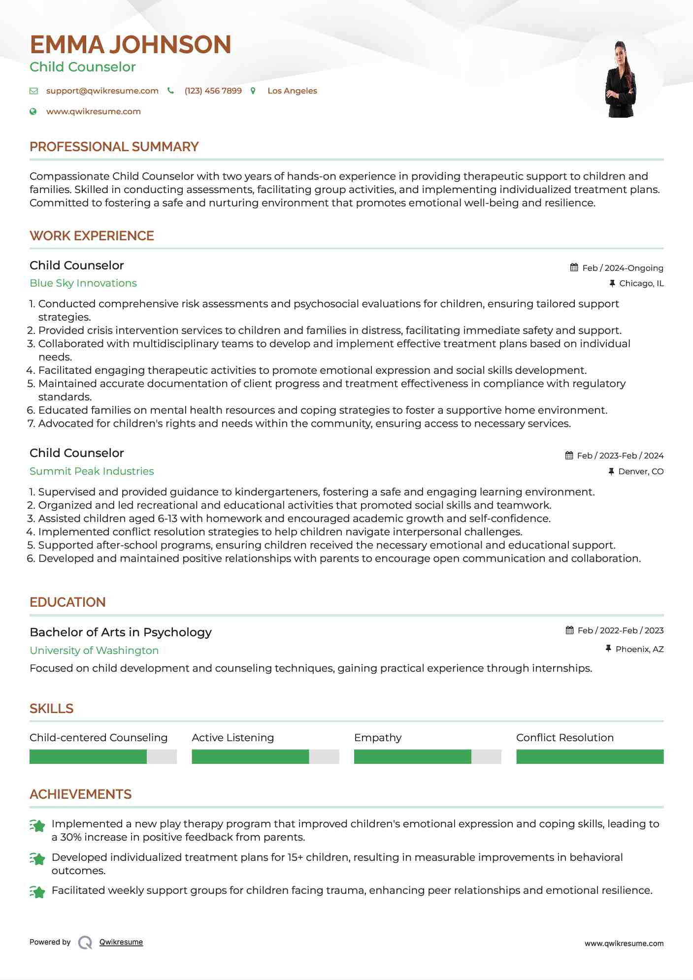 Child Counselor Resume Example