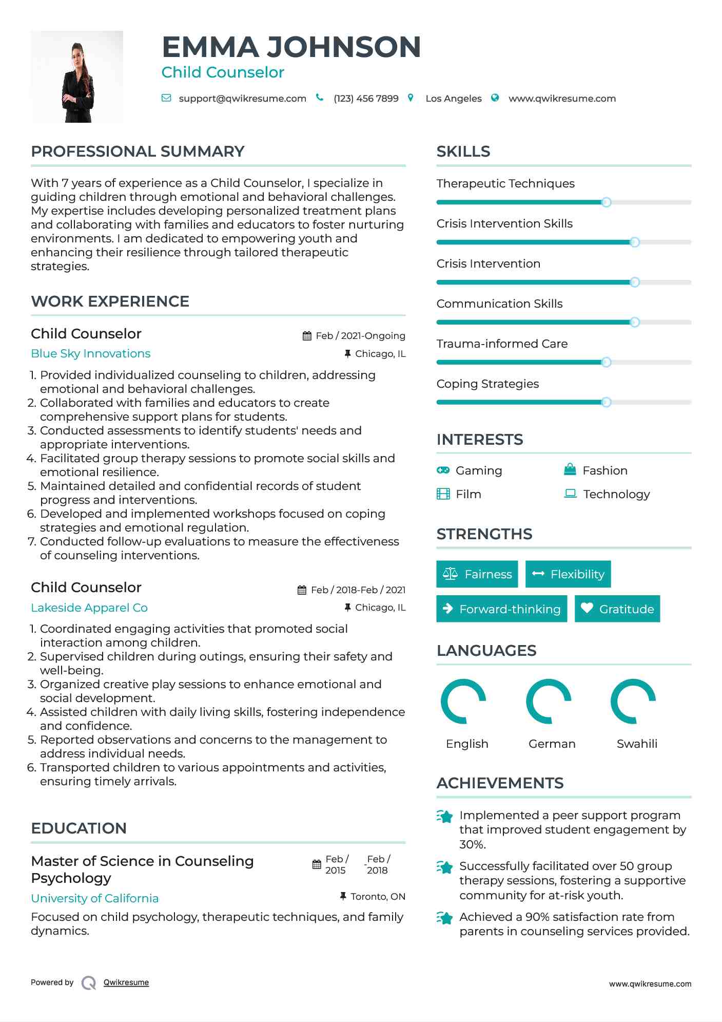 Child Counselor Resume Example