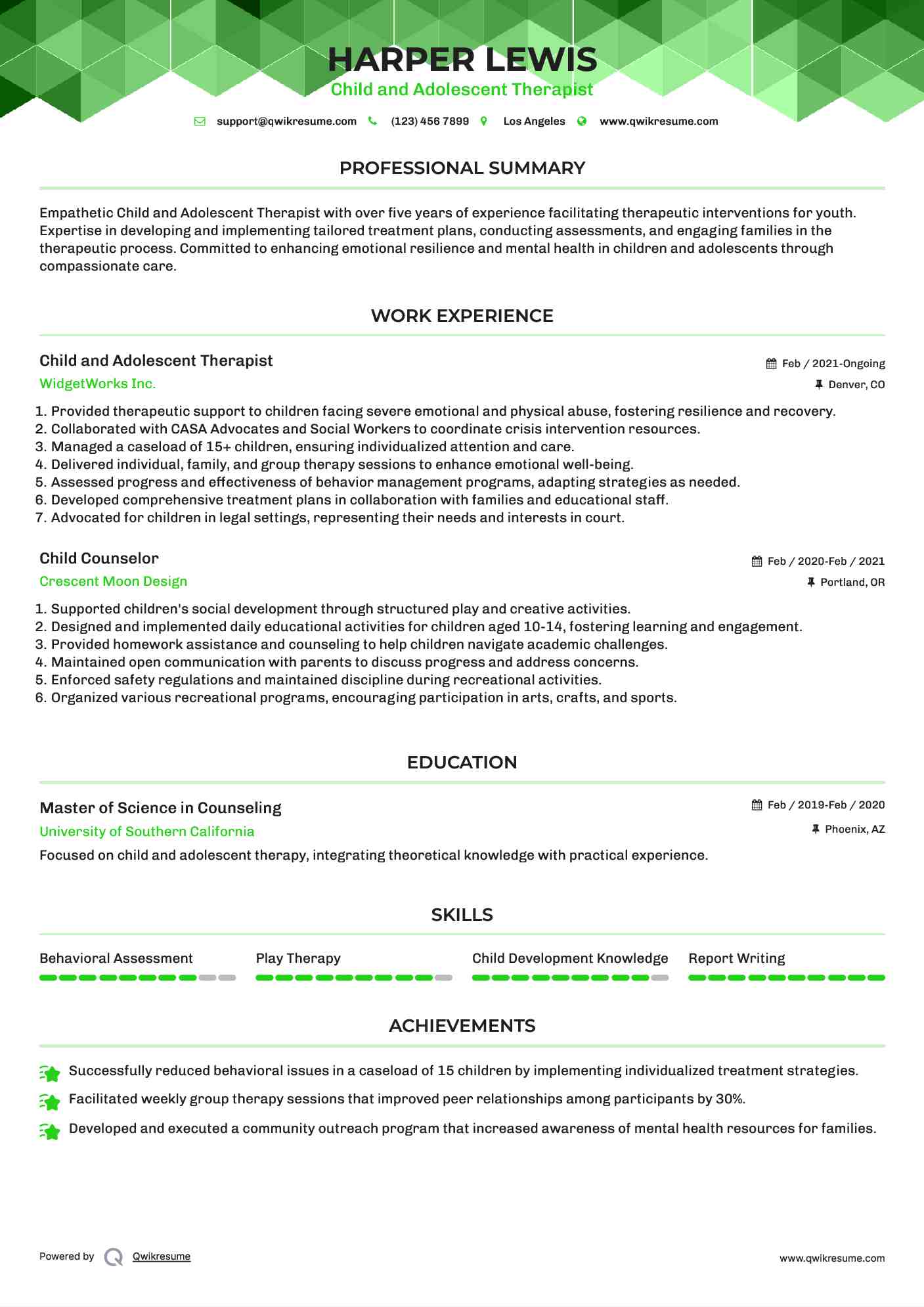 Child and Adolescent Therapist Resume Example