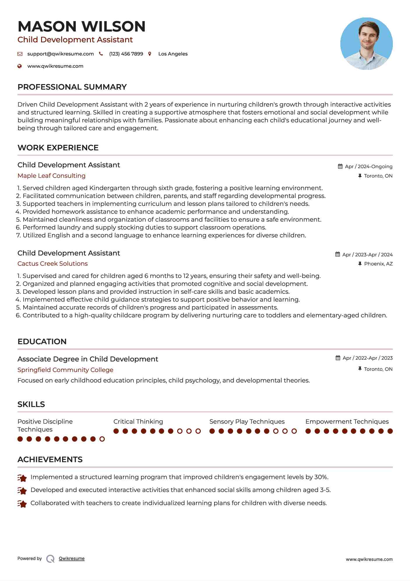 Child Development Assistant Resume Sample
