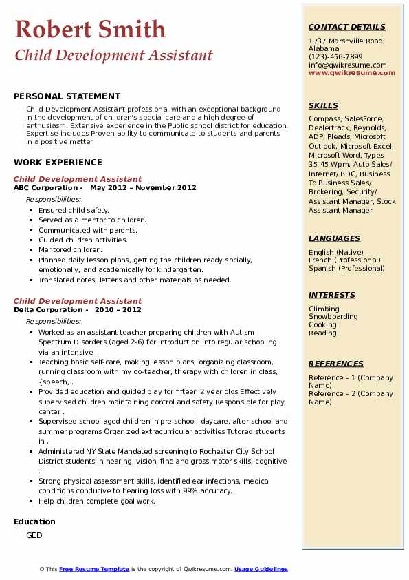 Child Development Assistant Resume Samples QwikResume
