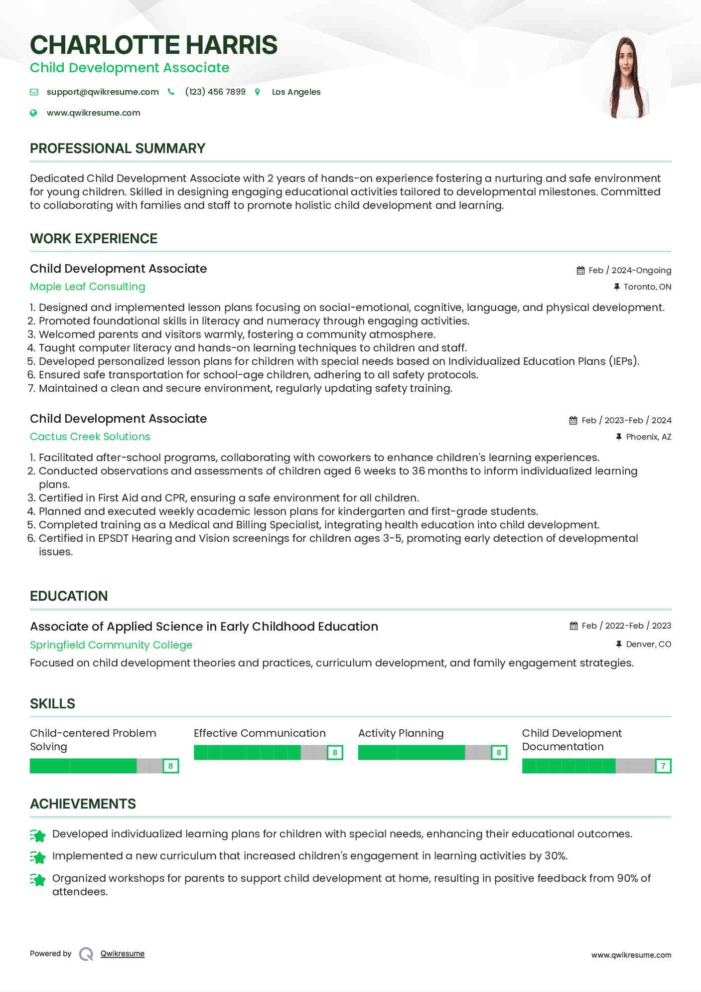 Child Development Associate Resume Sample