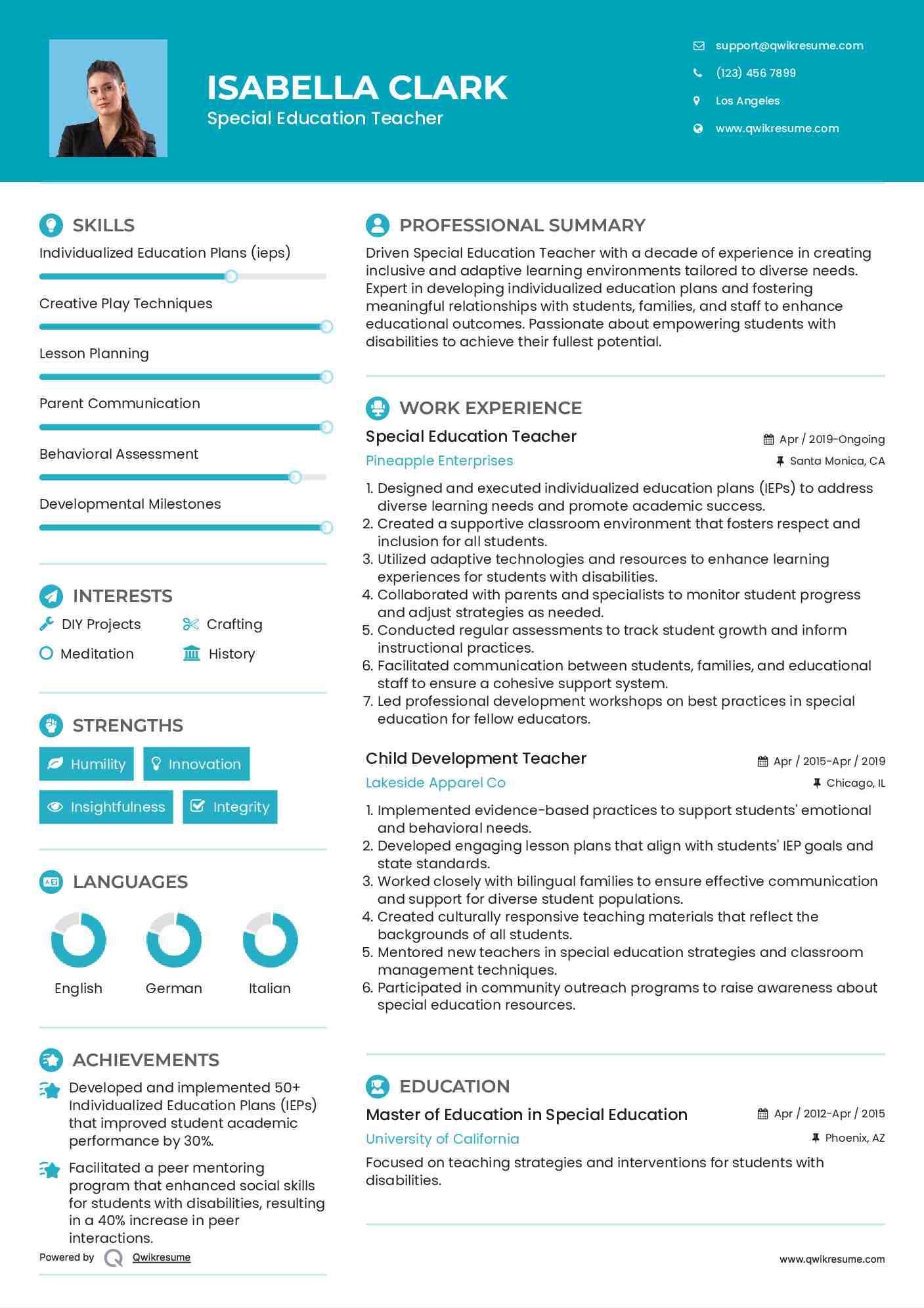 Special Education Teacher Resume Model